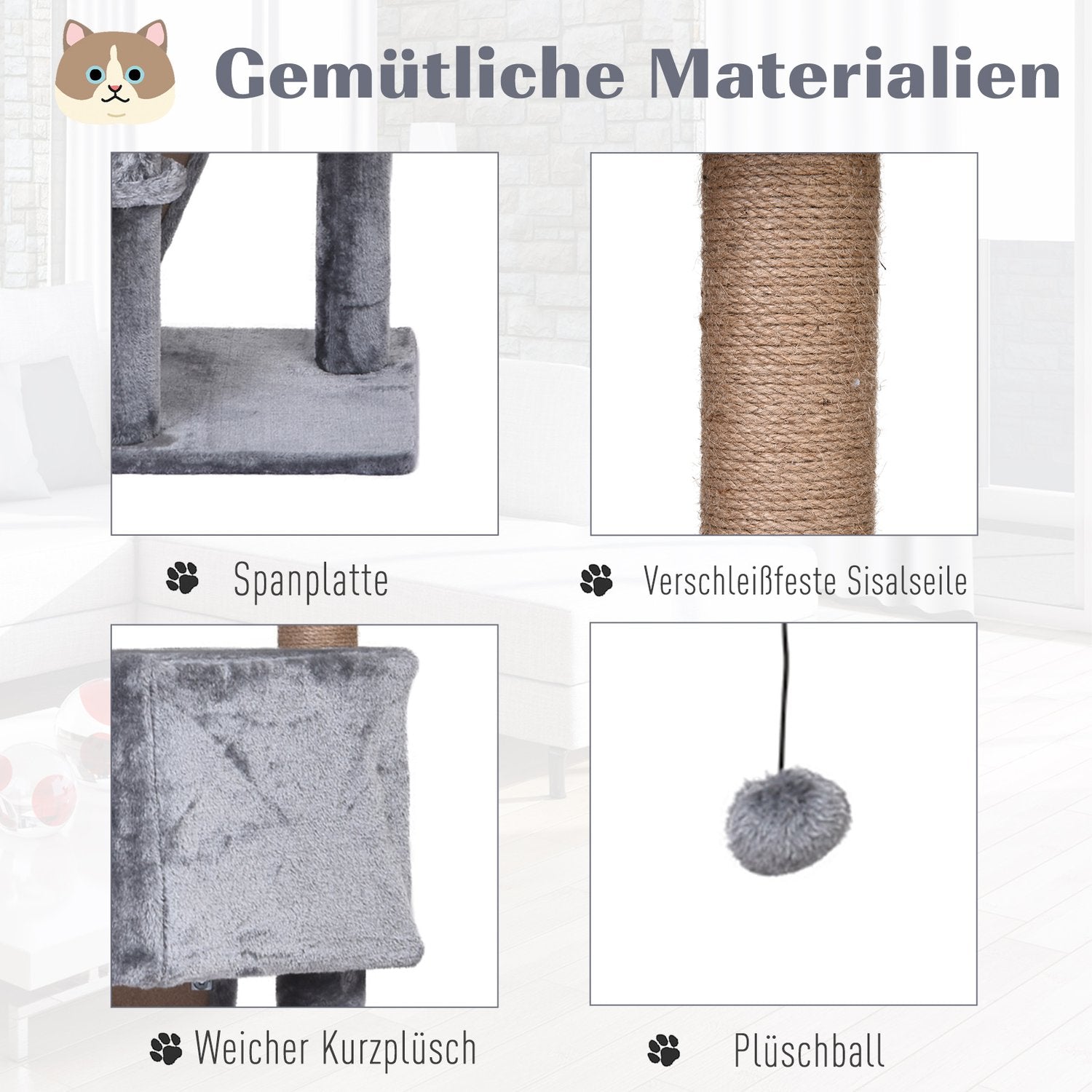 Kattträd, 4-vånings med hängande säng & sisalstolpar, grå