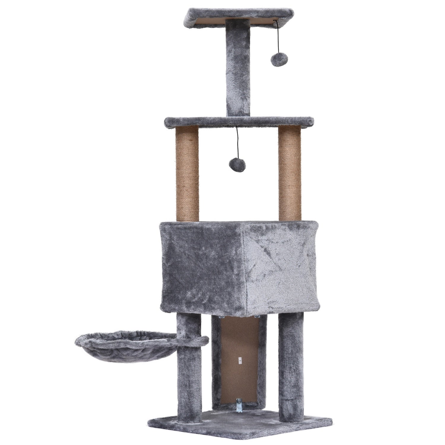 Kattträd, 4-vånings med hängande säng & sisalstolpar, grå