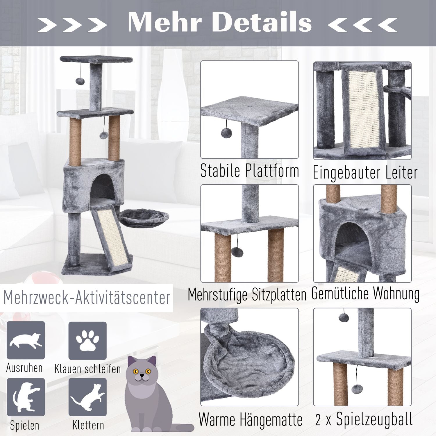 Kattträd, 4-vånings med hängande säng & sisalstolpar, grå