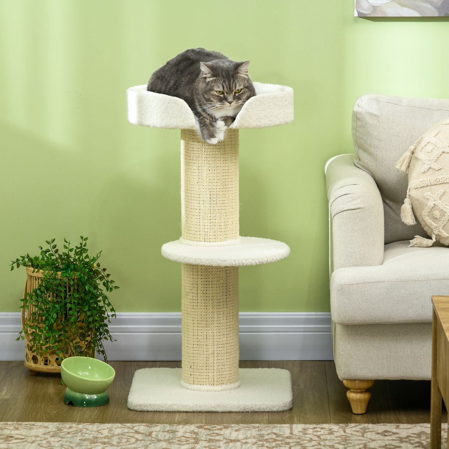 Kattträd 91cm lekträd med kattbädd, plattform lammullscreme
