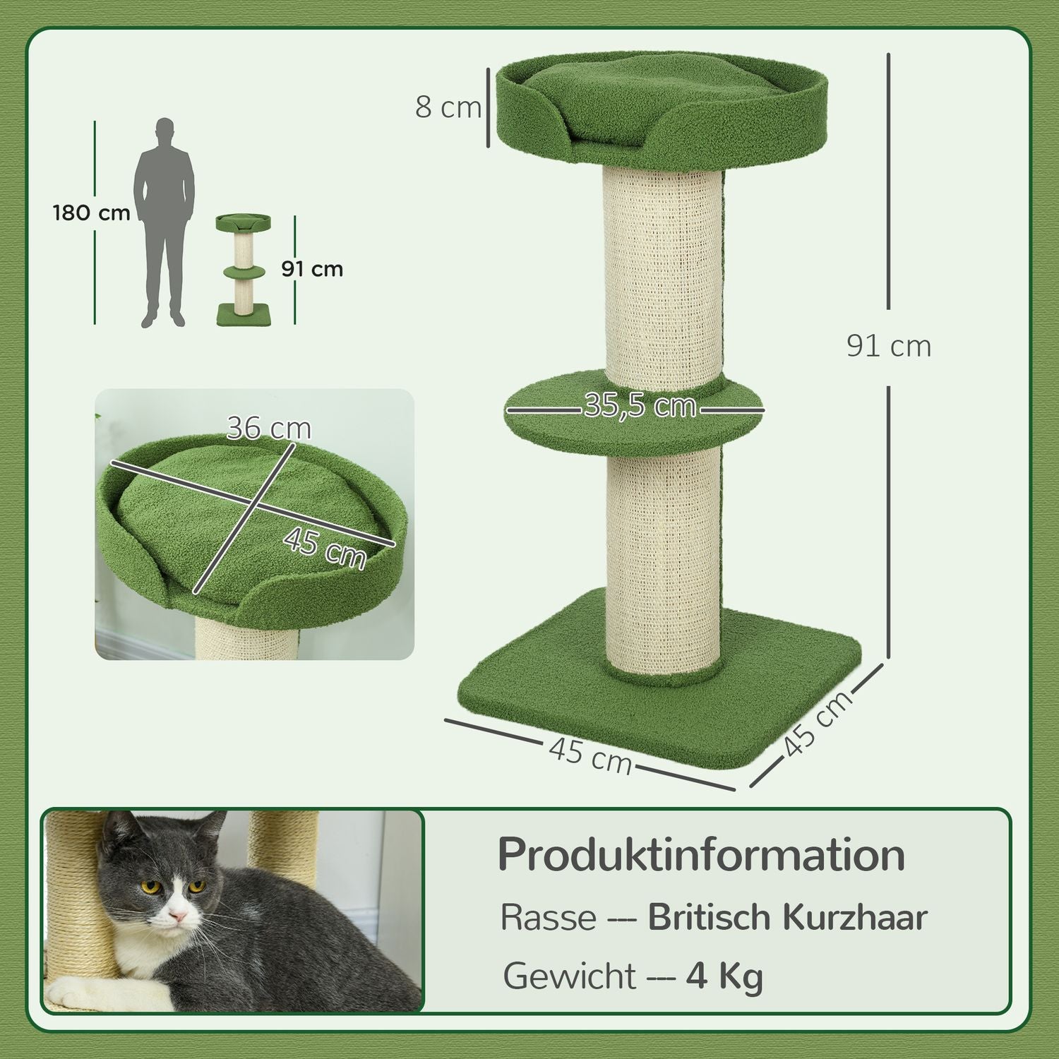 Kattträd 91cm med säng, plattformar, sisalstolpar, grönt