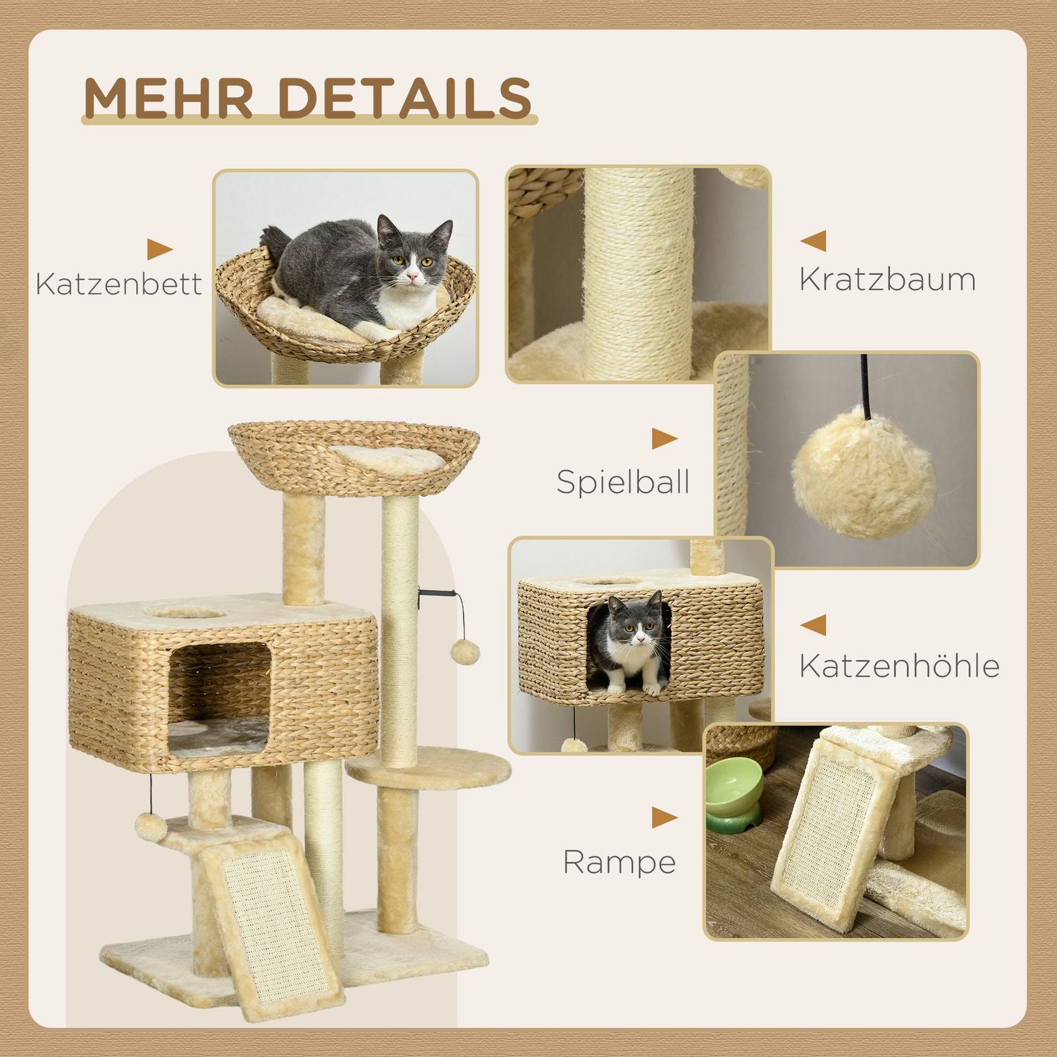 Kattträd 98cm med Sisal, 2 bäddar, Toy Ball, Beige