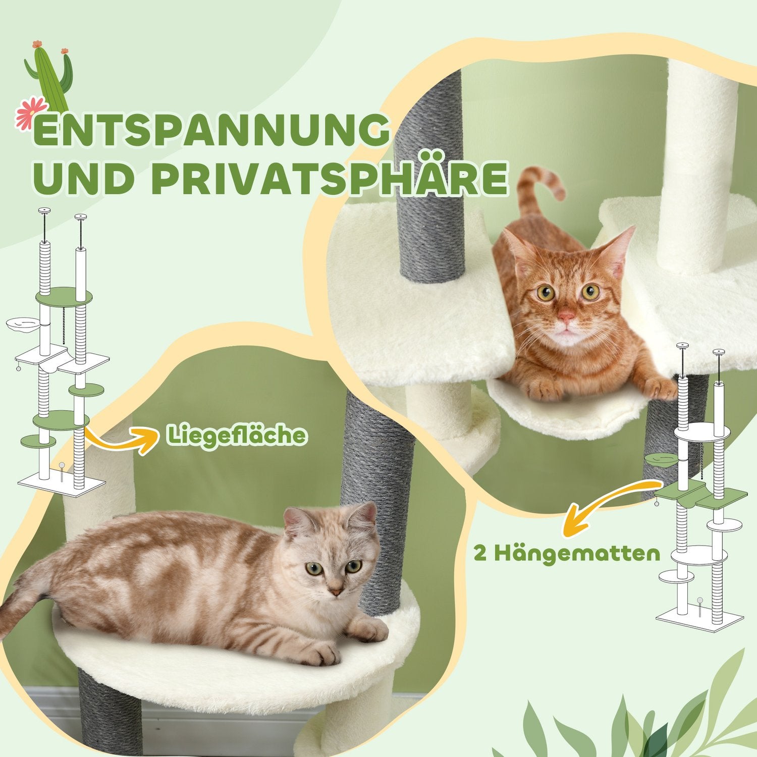 Kattträd med högt i tak, 225-255 cm, med hängmattor och korgar