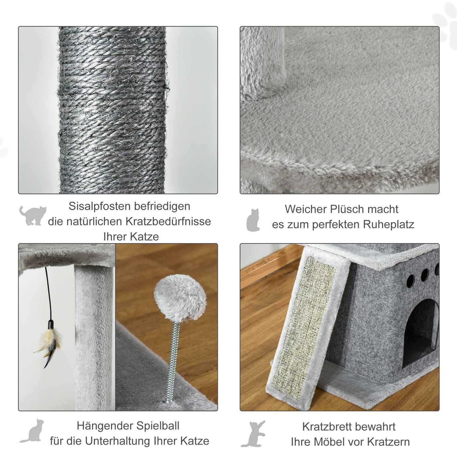 Kattträd med högt i tak med leksaker, sisalplysch, justerbar