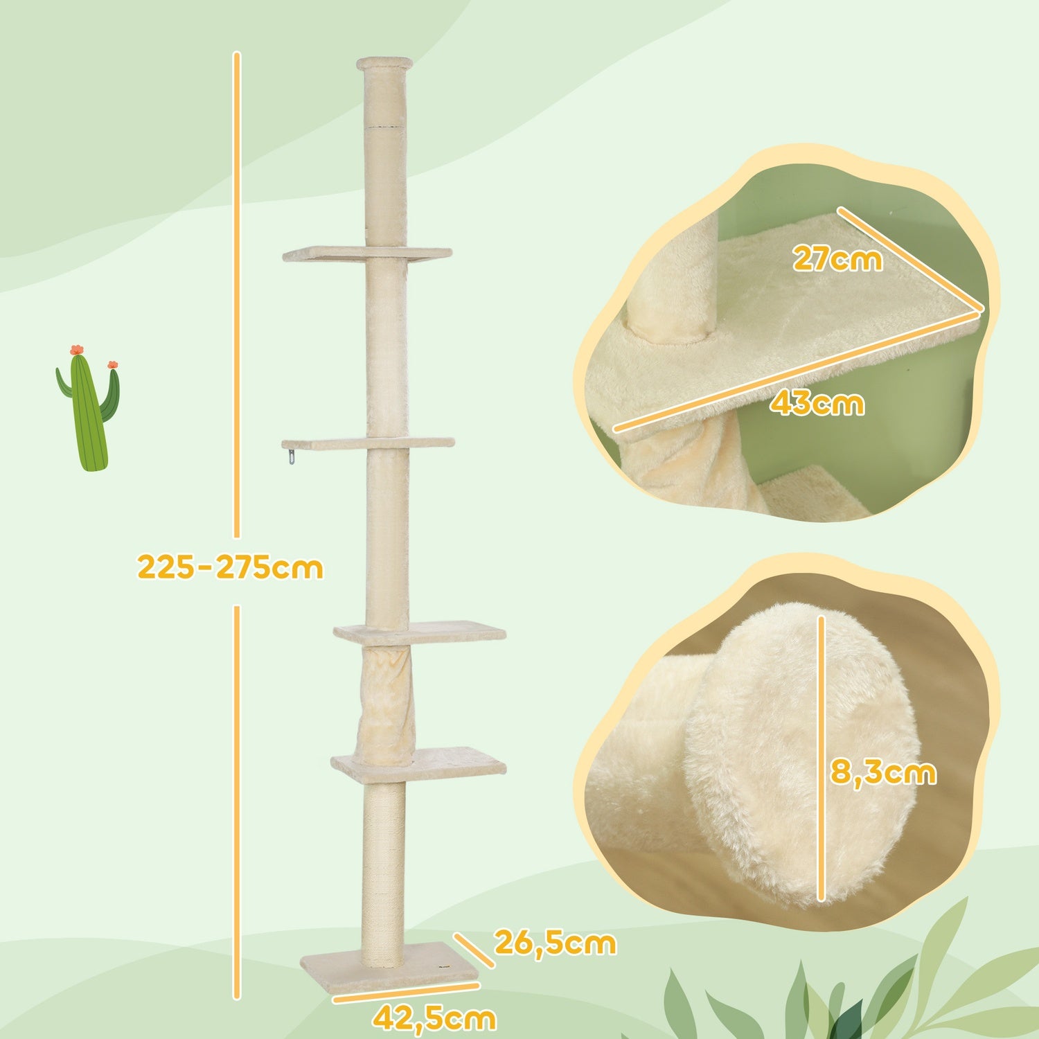 Kattträd med högt i tak med plattformar, 225-275 cm, kräm