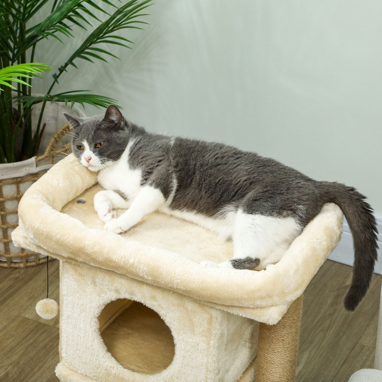 Kattträd med juteskrapsmatta, säng, leksaksboll, beige