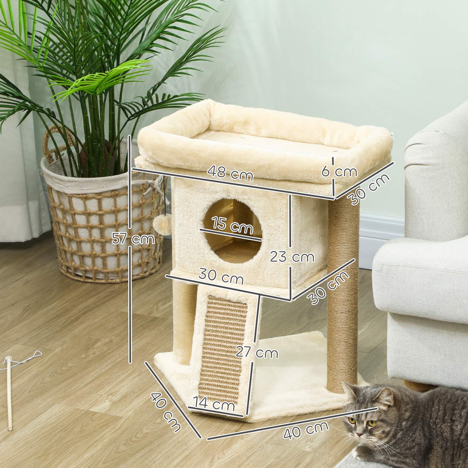 Kattträd med juteskrapsmatta, säng, leksaksboll, beige