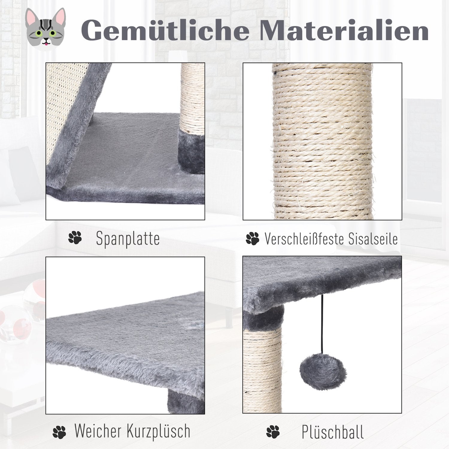 Kattträd med kattgrotta & sisalskrapstolpar, grå