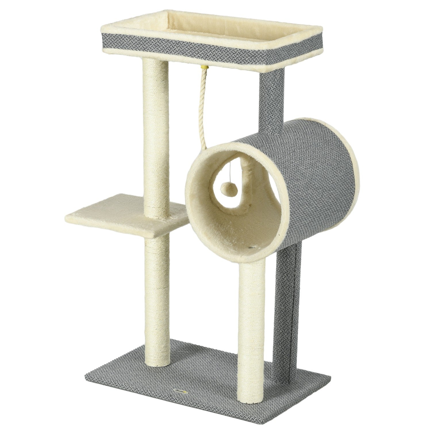 Kattträd med sisal skrapstolpe, lekboll och sängar, grå