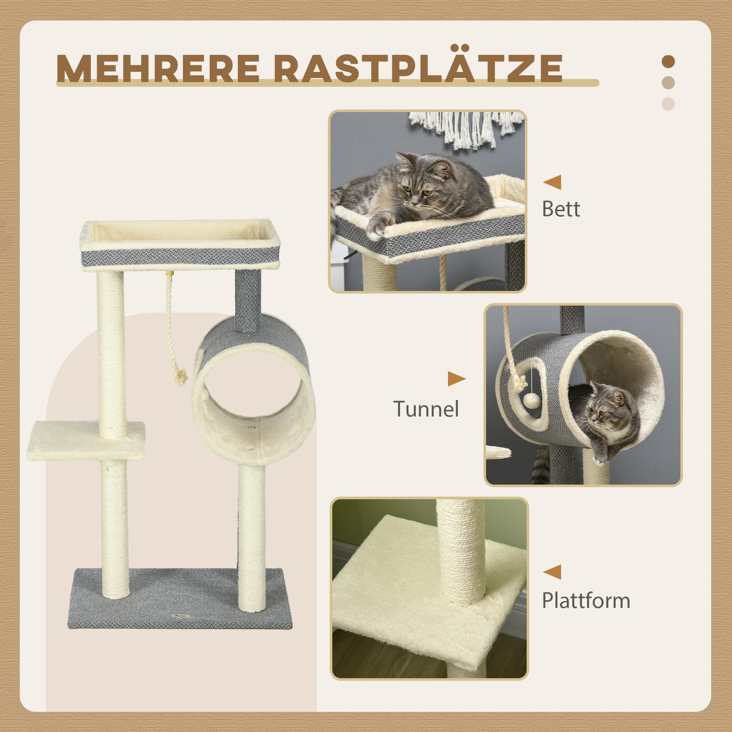 Kattträd med sisal skrapstolpe, lekboll och sängar, grå