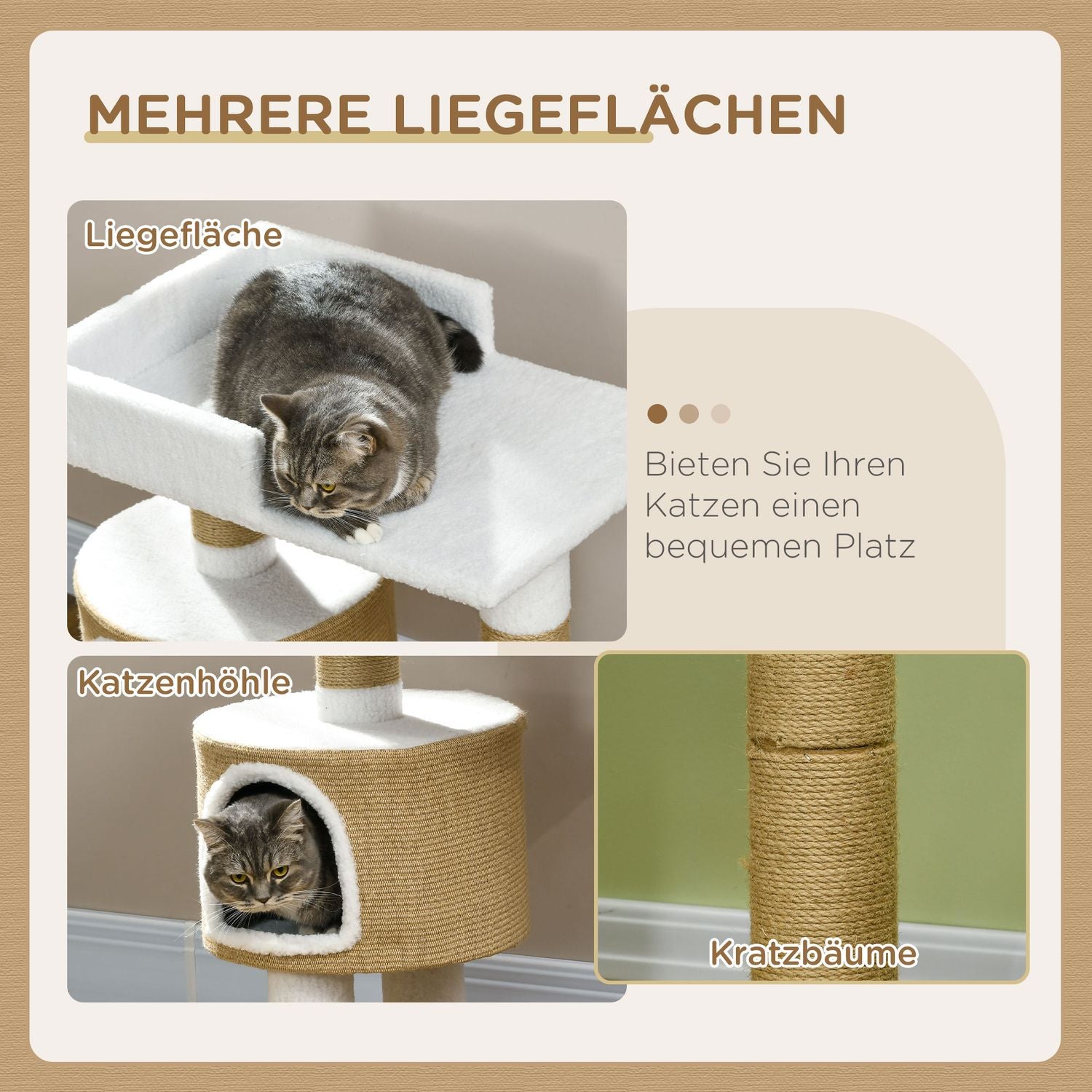 Kattträdskrapstolpe, 79 cm med grotta och säng, jute