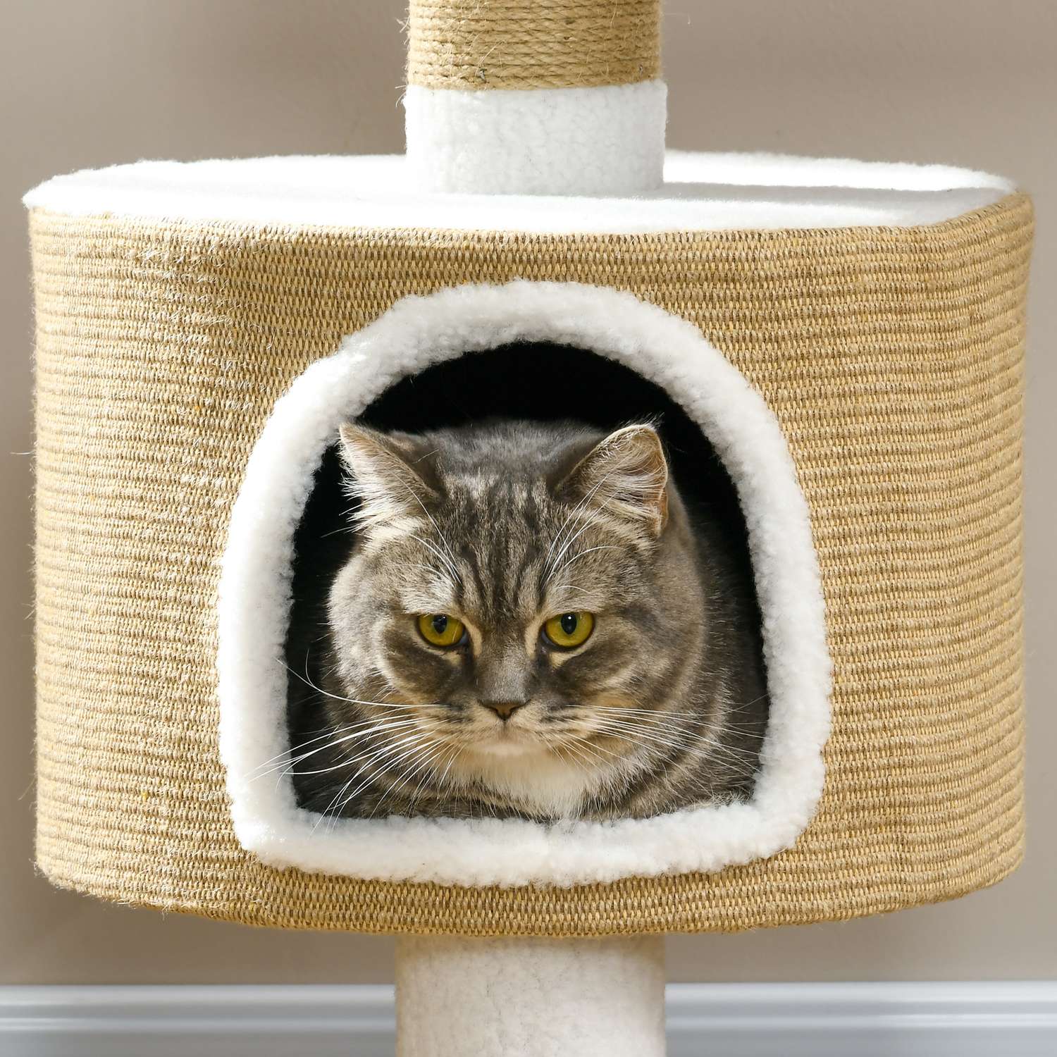 Kattträdskrapstolpe, 79 cm med grotta och säng, jute