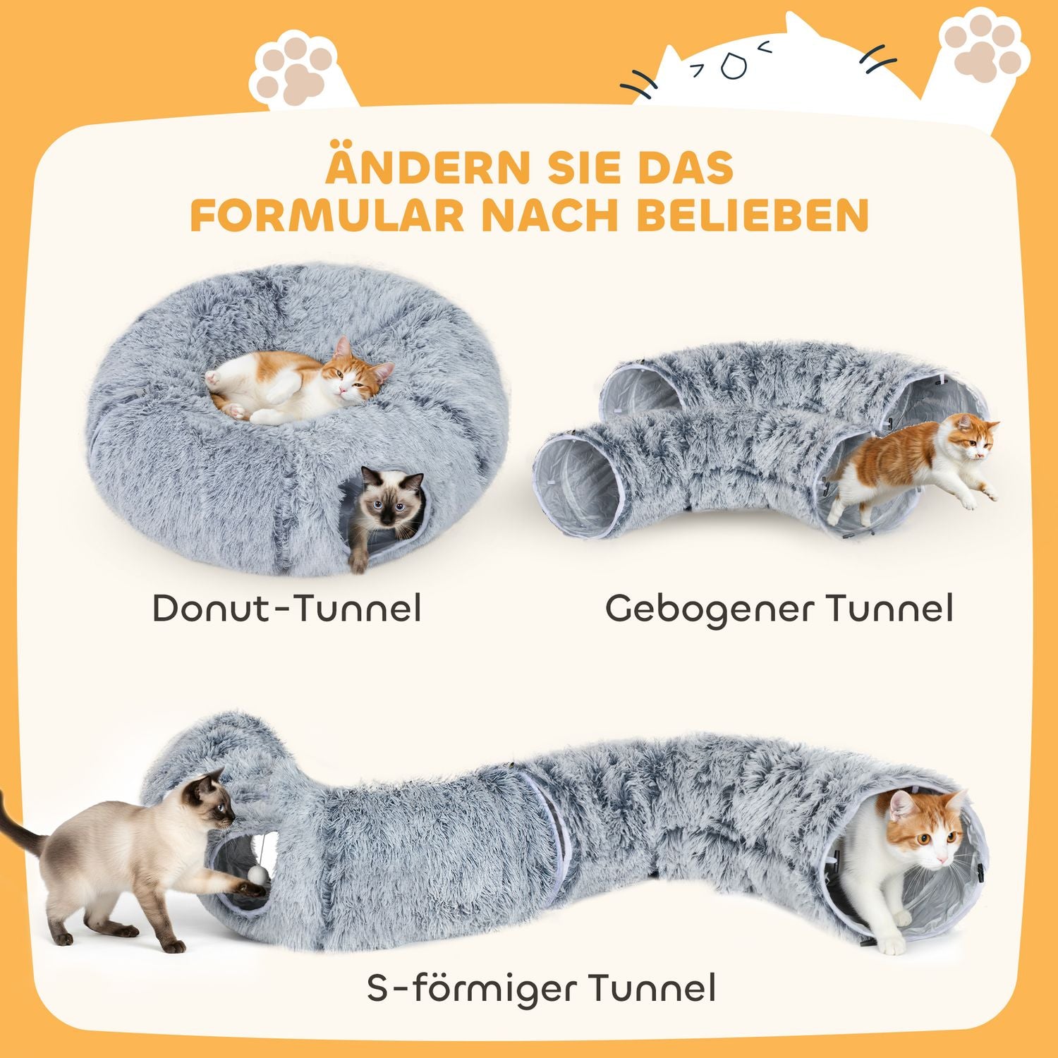 Katttunnel, plyschtyg, vikbar, metallram, ljusgrå