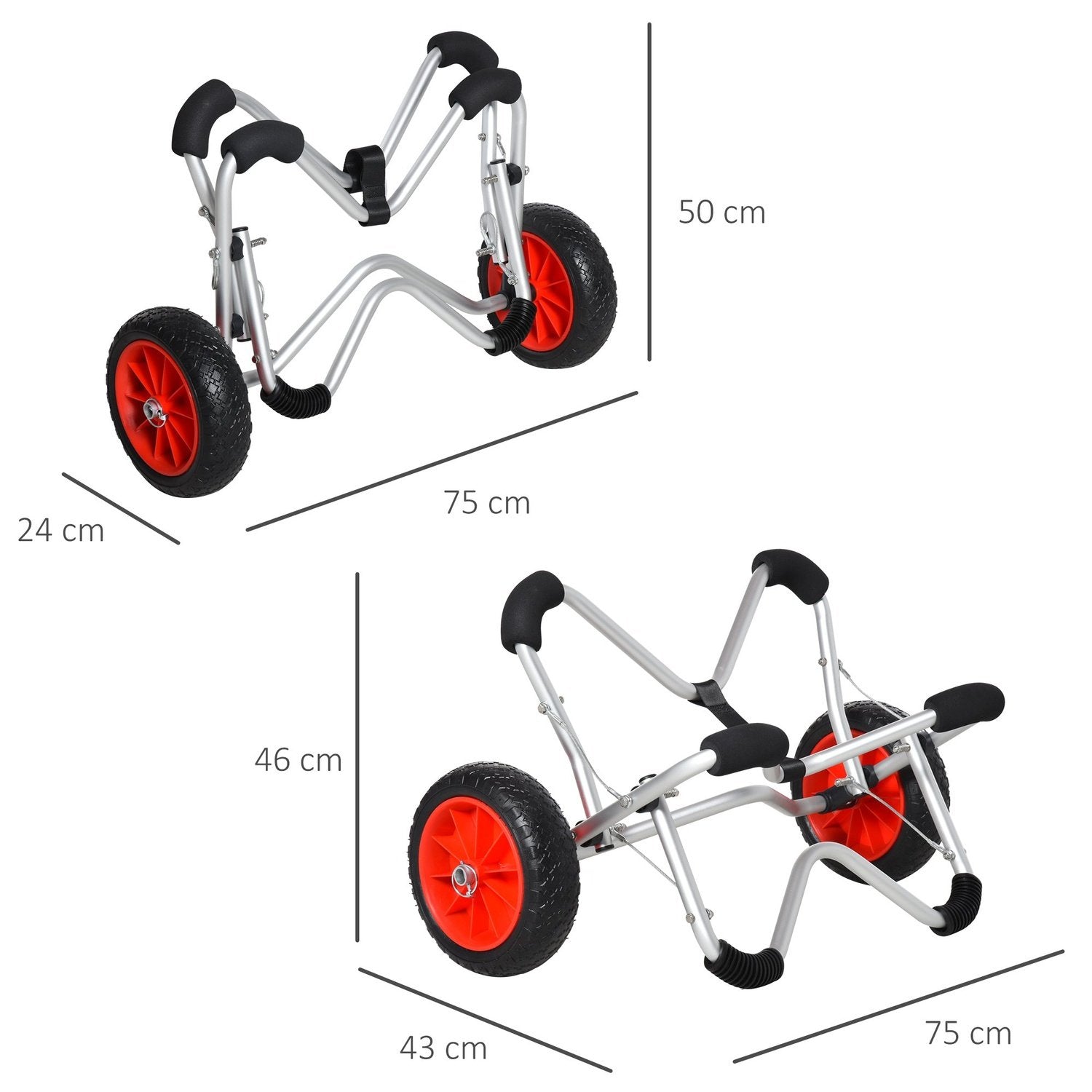 Kajakkvogn, Båtvogn i aluminium, Sammenleggbar, Transportvogn med Pu-dekk, Sølv, Opptil 75 Kg, 75X43X46 Cm