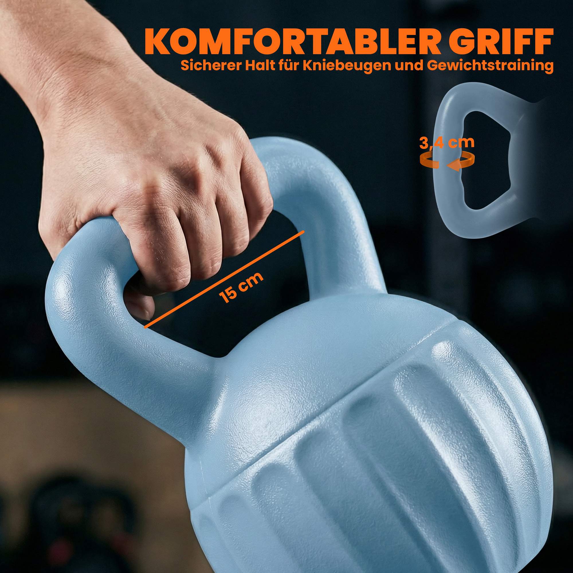 Kettlebell 10 kg, sandfylld, halkfritt grepp, blå