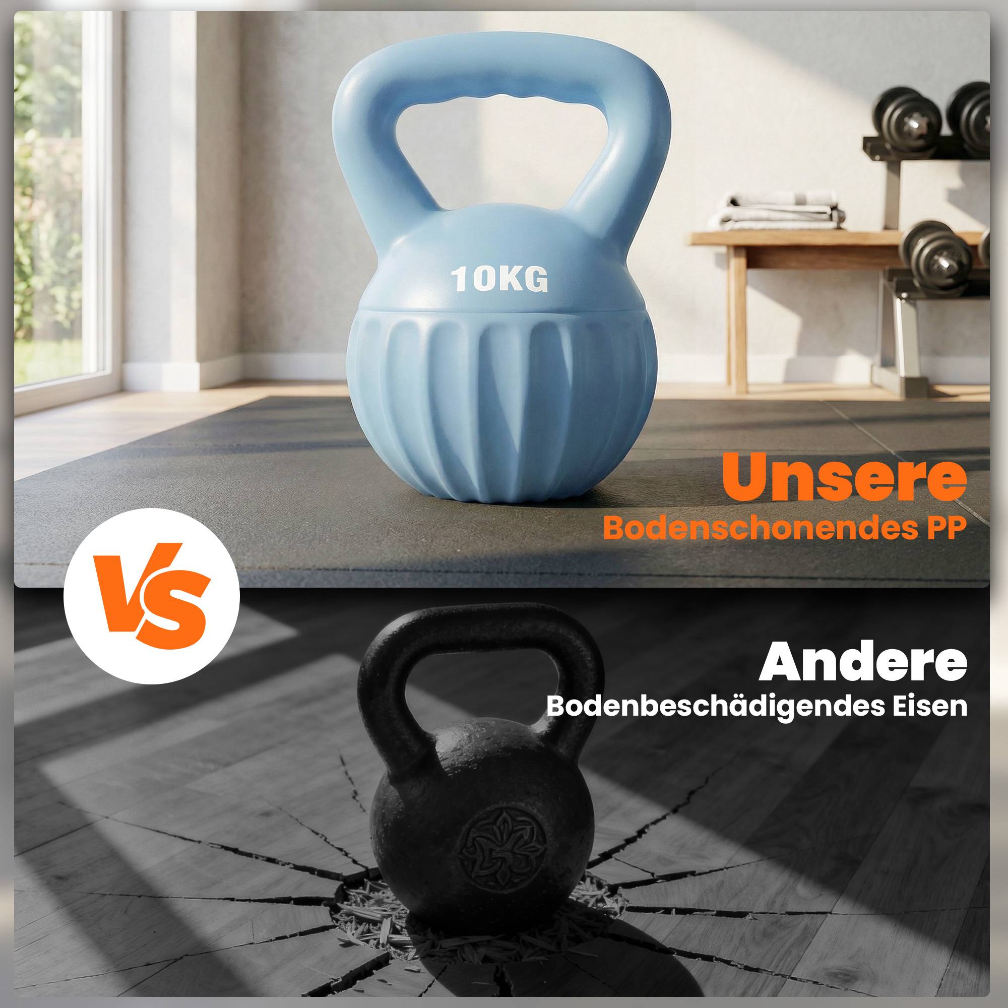 Kettlebell 10 kg, sandfylld, halkfritt grepp, blå