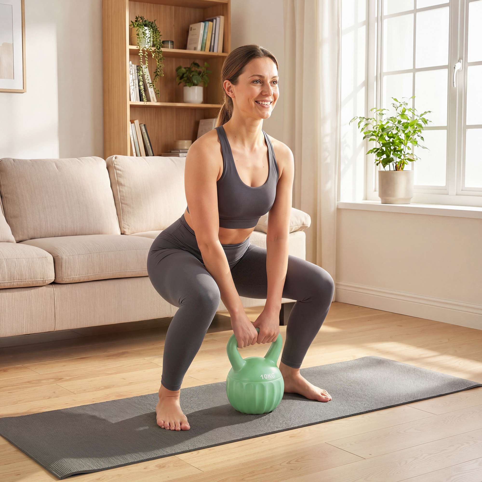 Kettlebell 10kg sandfylld, halkfritt grepp, grön