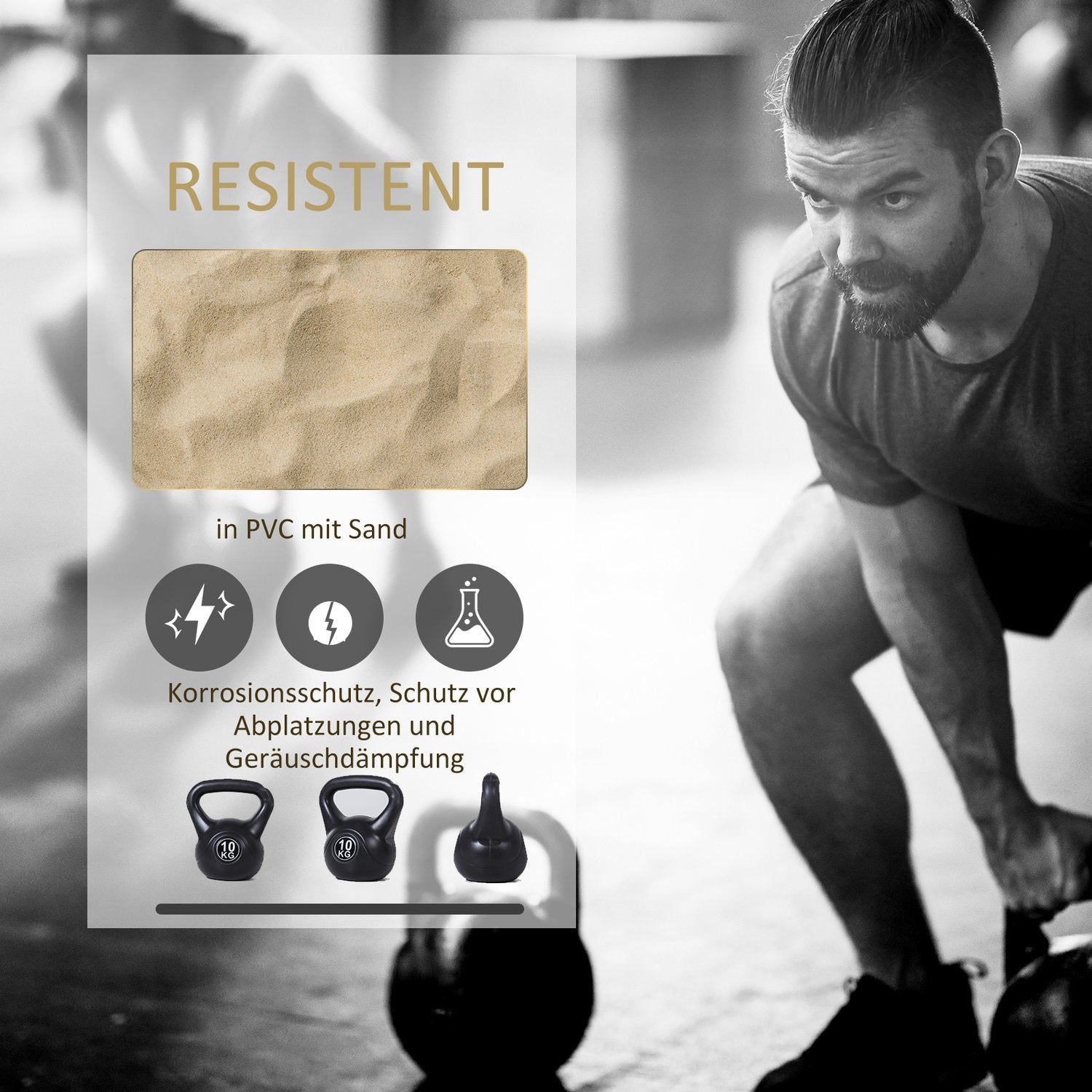 Kettlebell 10 kg, sandfylld, svart, nybörjarvänlig