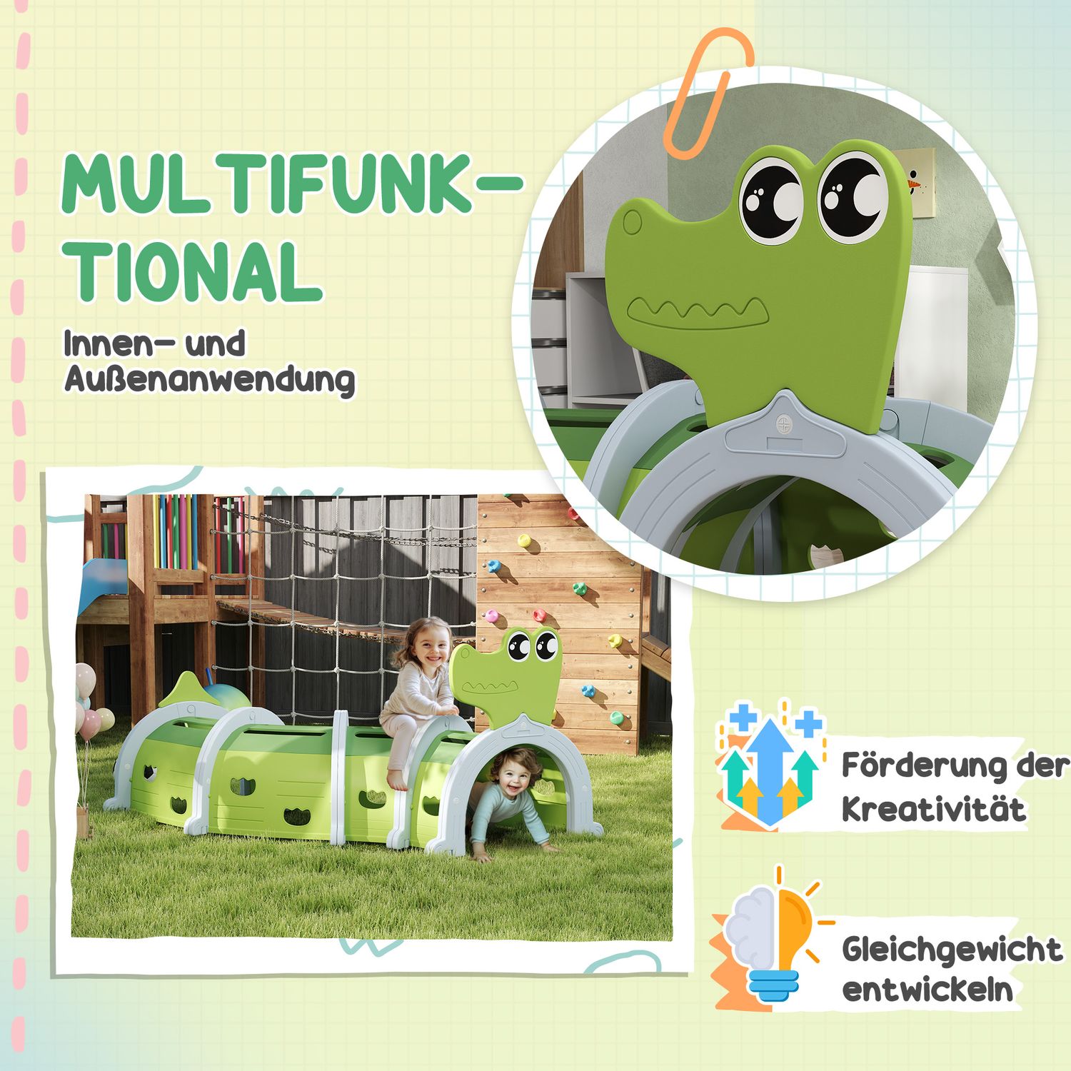 Kids Crawling Tunnel – Crocodile Design, 194 cm, inomhus/utomhusbruk
