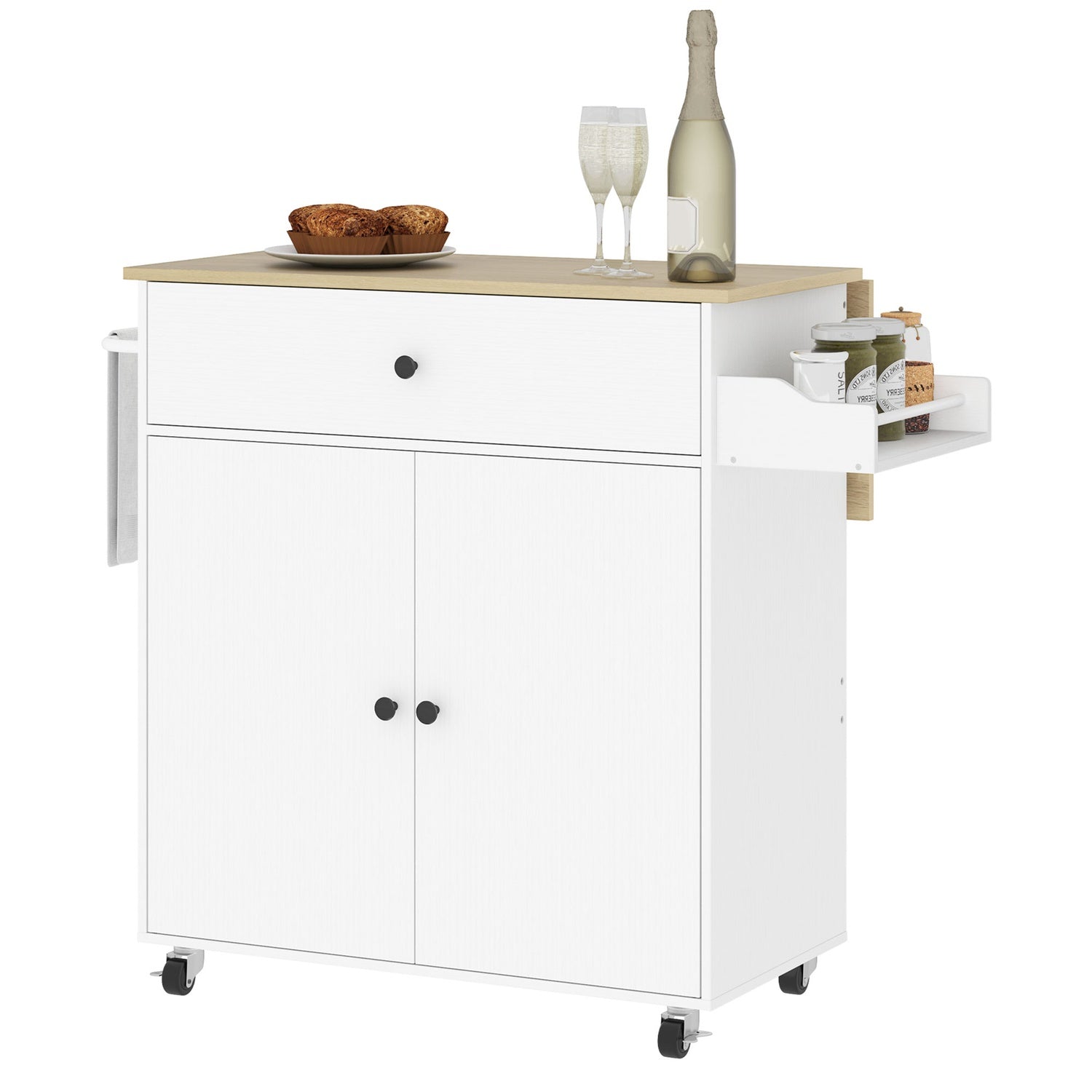 White Kitchen Island Trolley med hjul, kryddställ & förvaring