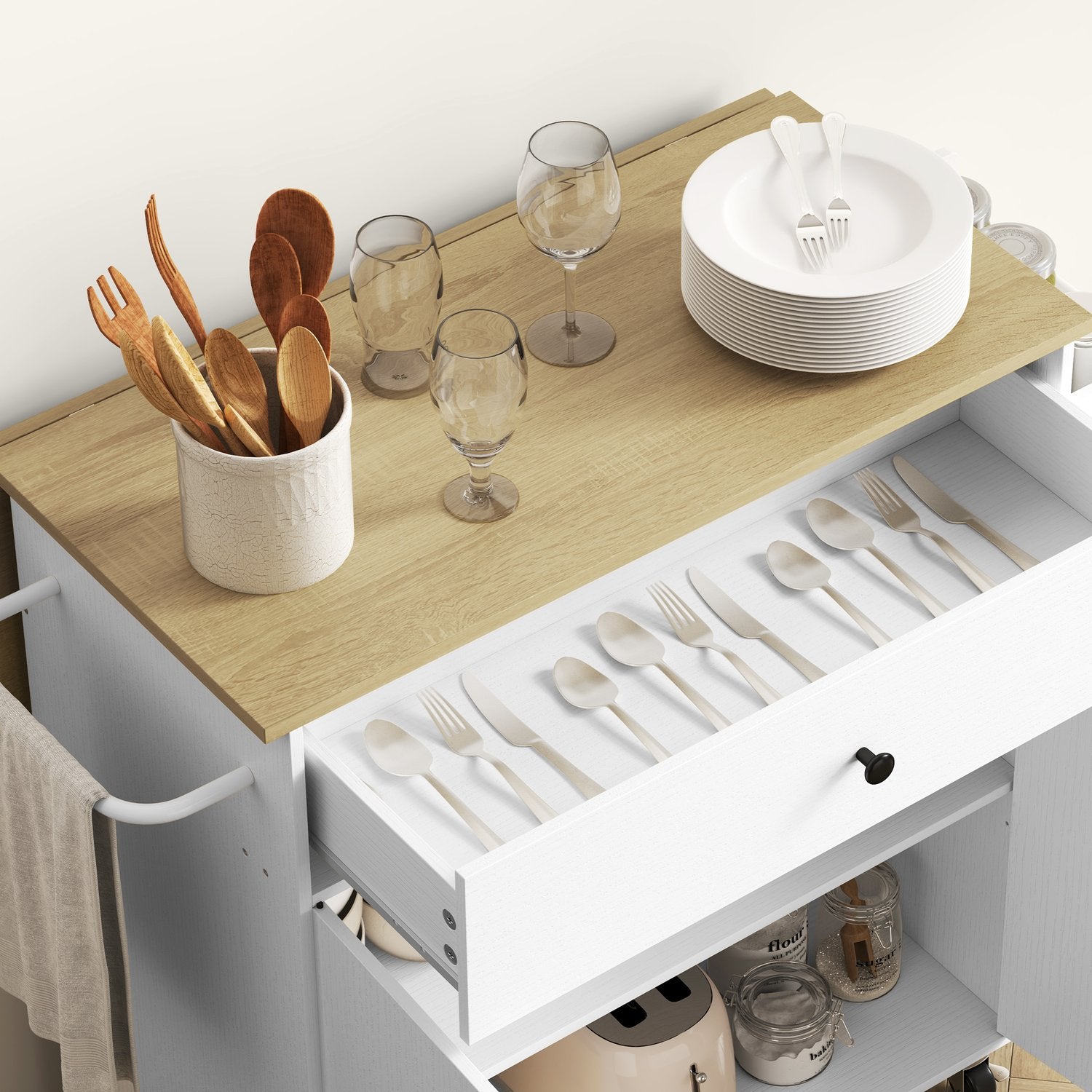 White Kitchen Island Trolley med hjul, kryddställ & förvaring