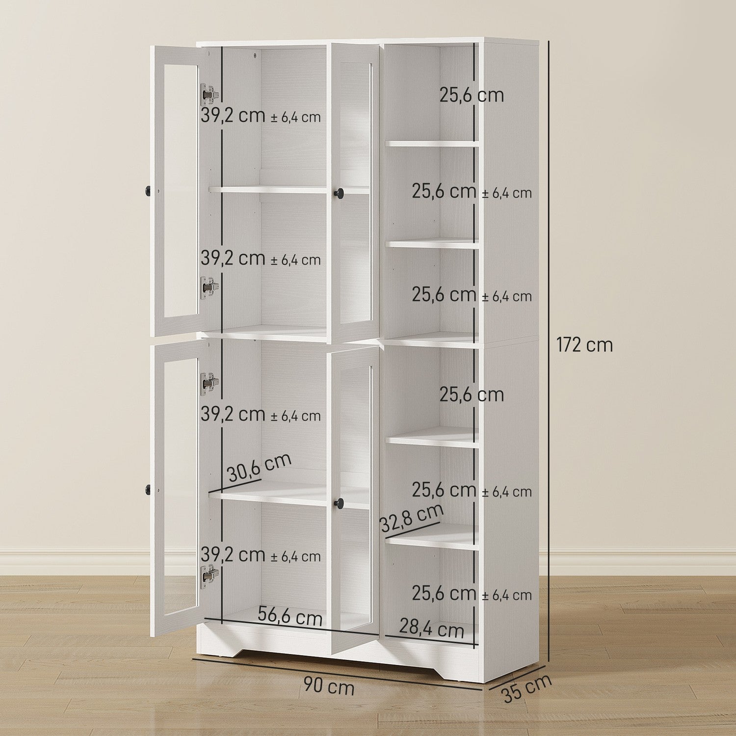 Köksskåp med glasdörrar, hyllor, 172 cm, vit MDF
