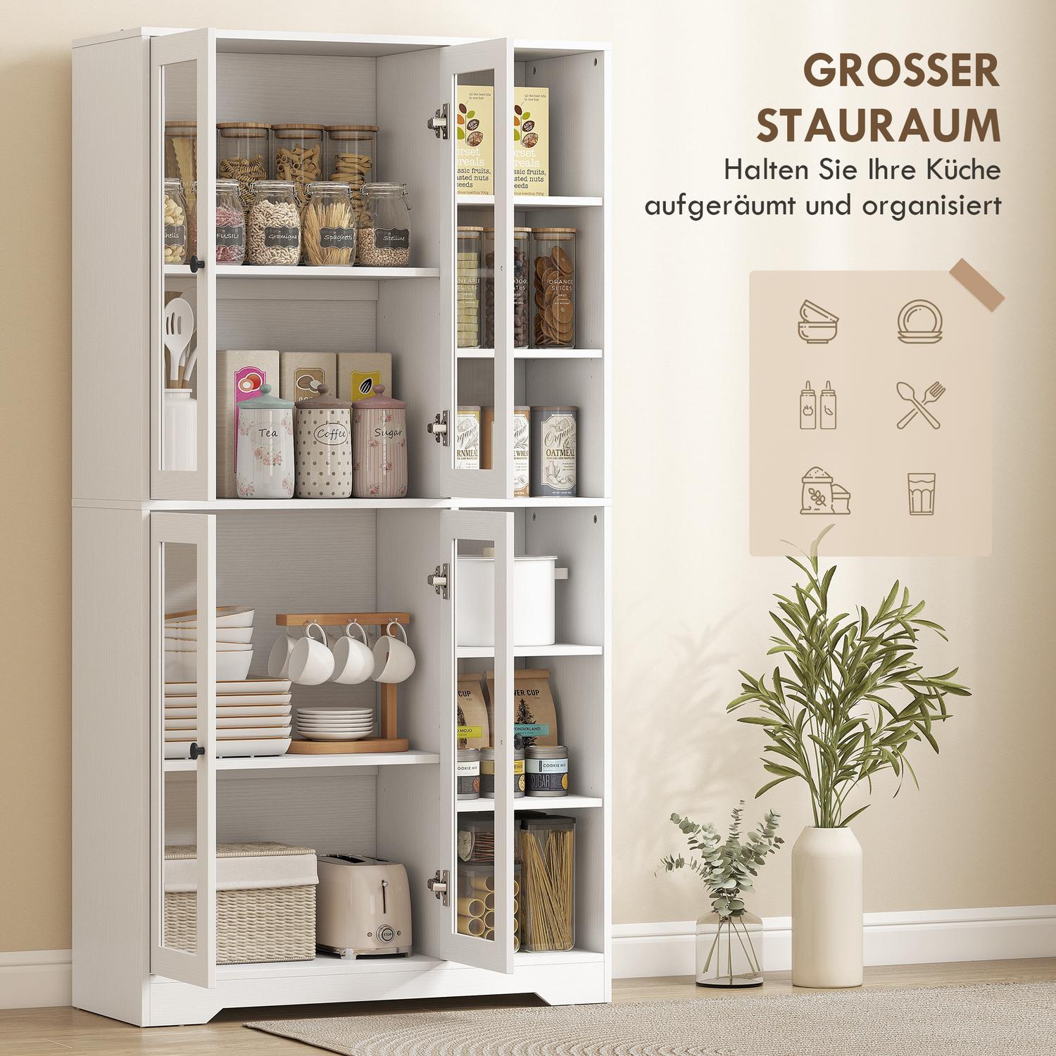 Köksskåp med glasdörrar, hyllor, 172 cm, vit MDF