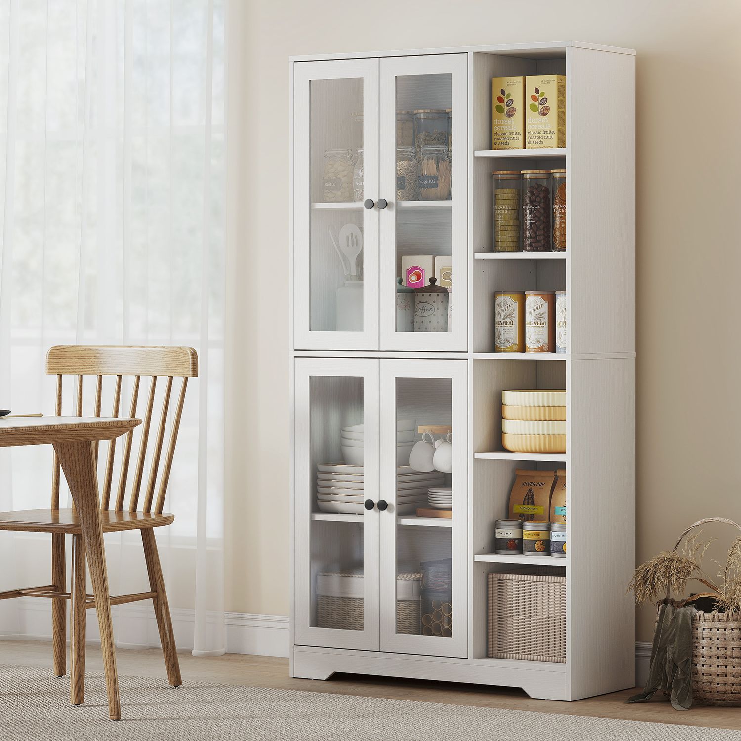 Köksskåp med glasdörrar, hyllor, 172 cm, vit MDF
