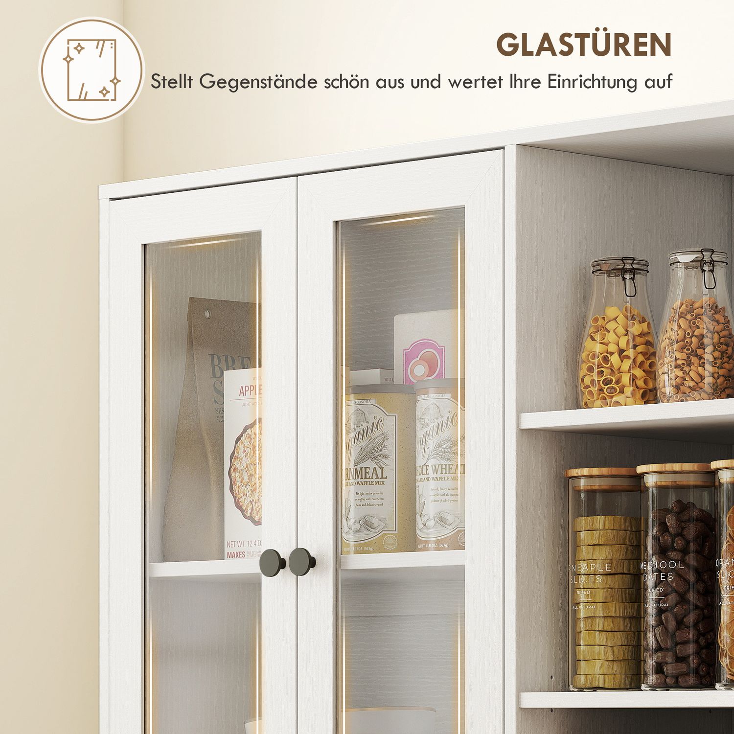 Köksskåp med glasdörrar, hyllor, 172 cm, vit MDF