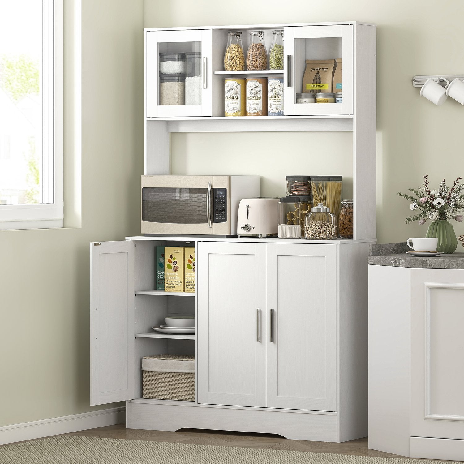 Köksskåp, skandinavisk design, 4 skåp, justerbara hyllplan, glasdörrar, öppen yta, spånskiva, MDF, vit
