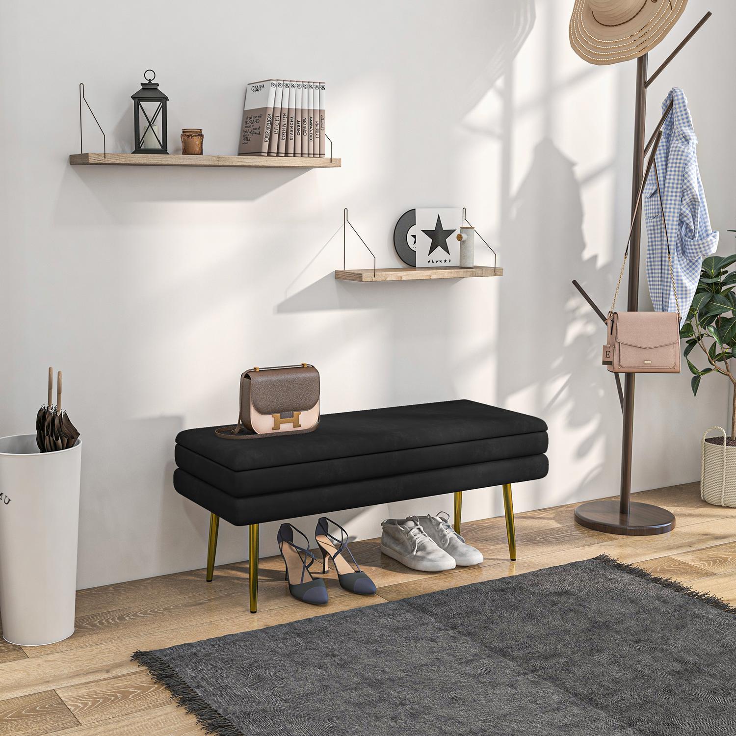 Klädd bänk med förvaringsutrymme, stål, 100 cm x 37,5 cm x 42 cm, svart