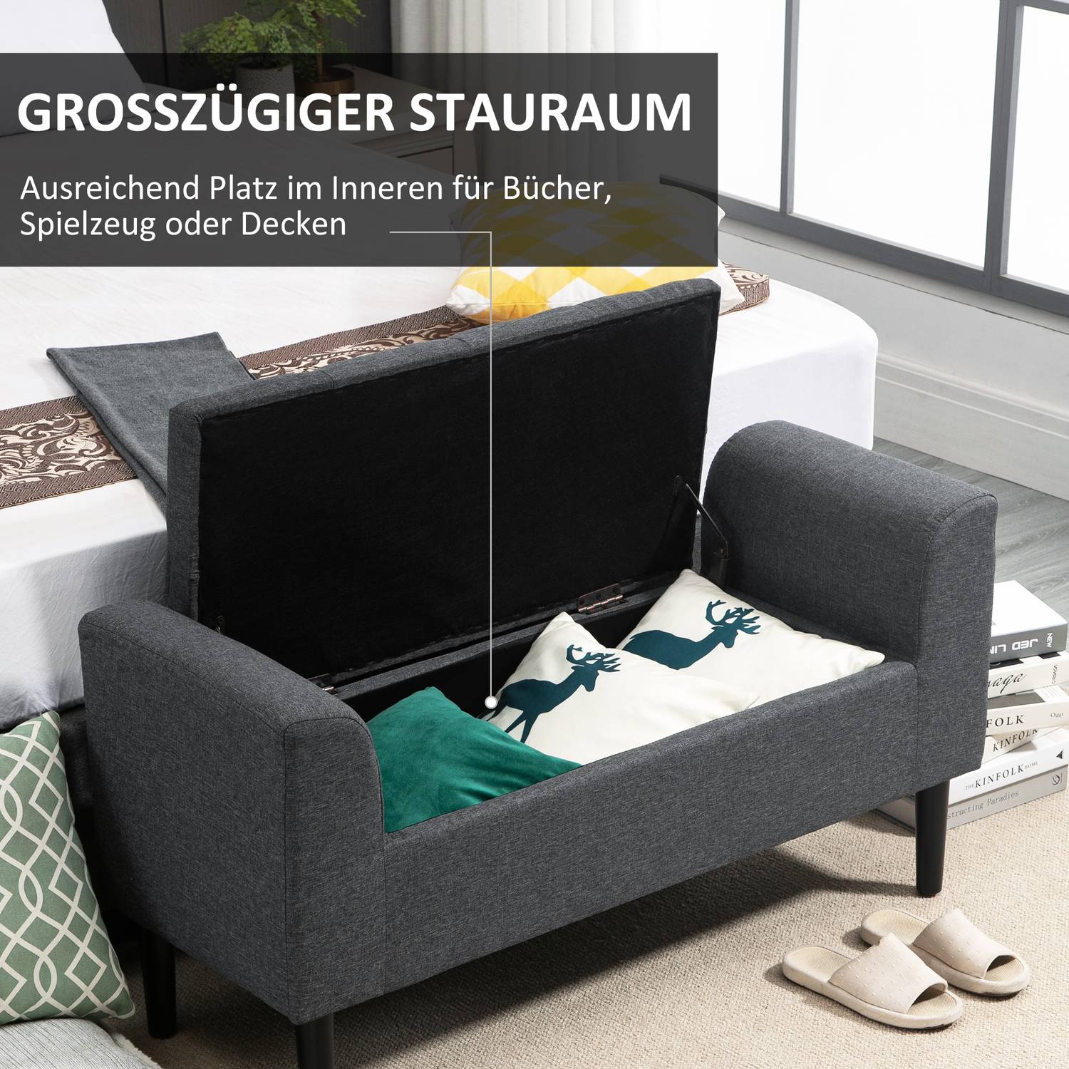 Klädd förvaringsbänk, 130 kg kapacitet, mörkgrå