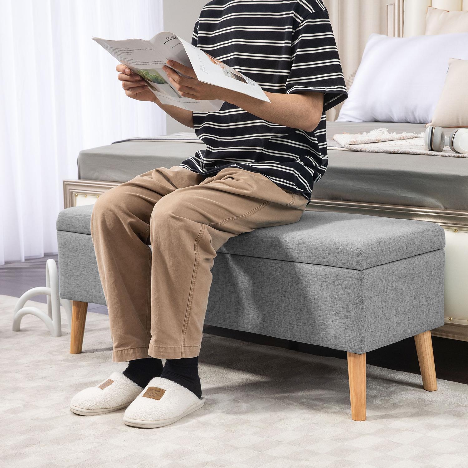 Klädd förvaringsbänk – Grå linnelook, 110x39x45 cm