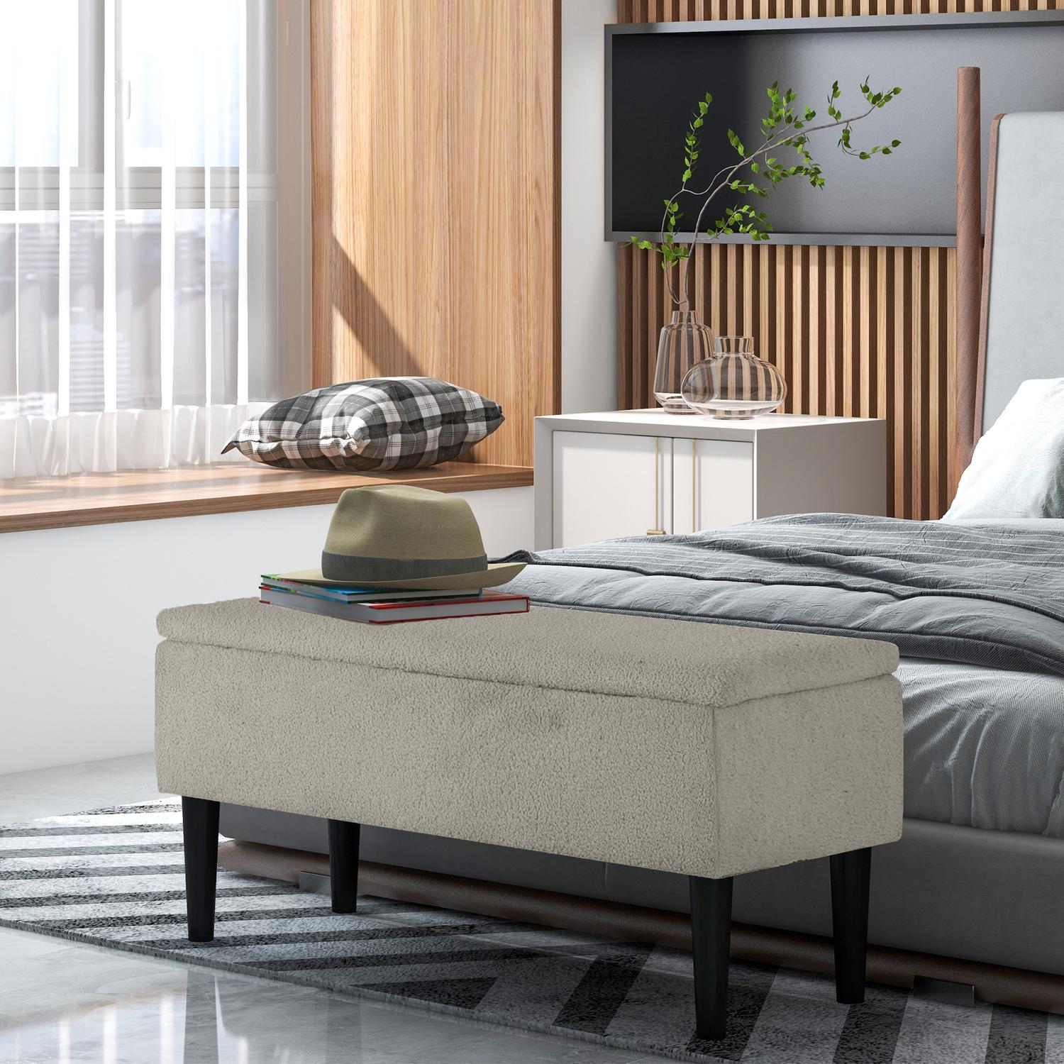 Klädd förvaringsbänk med fällbart lock, sammetsfinish