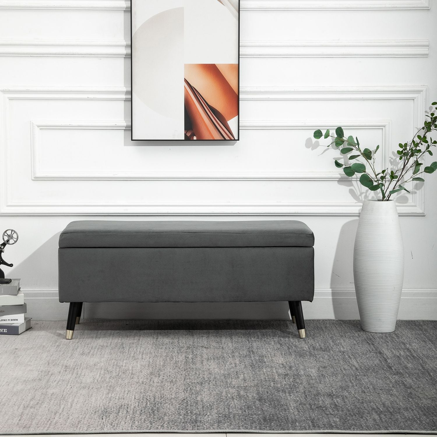 Klädd förvaringsbänk, metallram, kolgrå