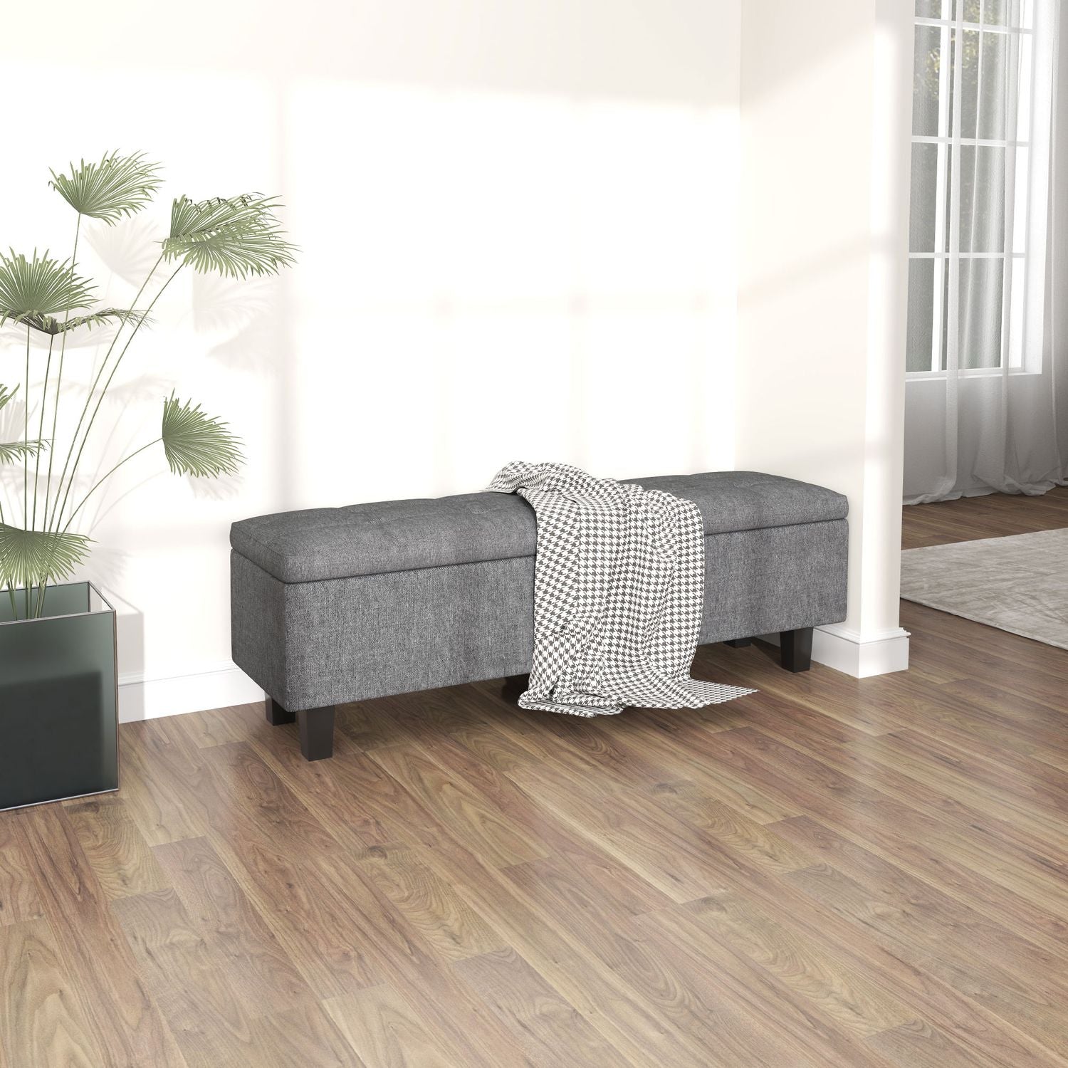 Klädd förvaringsbänk, mörkgrå, träben, 138x40x45 cm