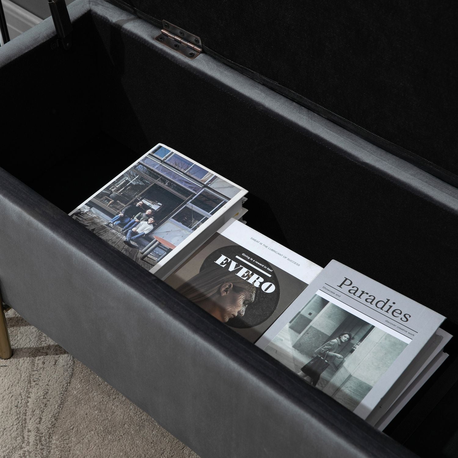 Klädd förvaringsbänk, mörkgrå tyg, 100x40x42 cm