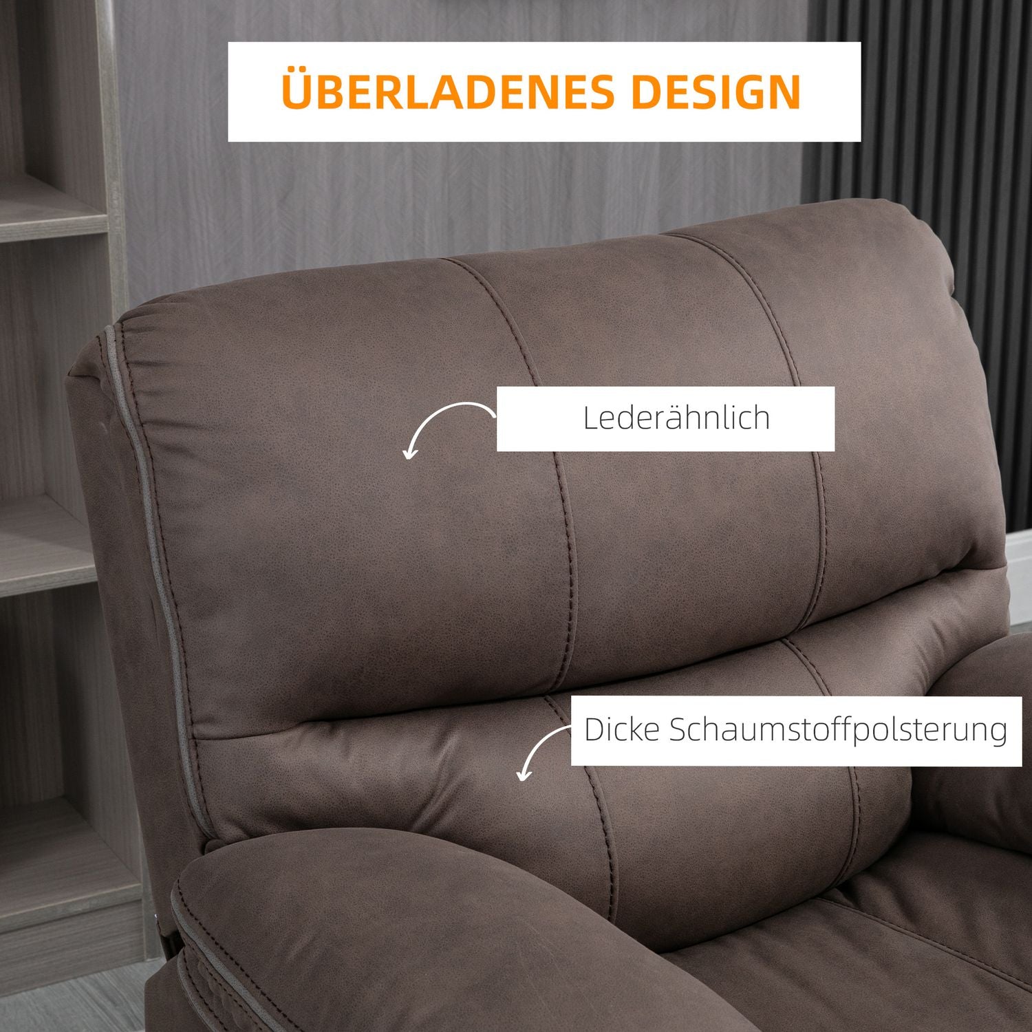 Klädd fåtölj med fotstöd, vilande avkopplingsstol, mikrofiberöverdrag i läderlook, metallstruktur, brun