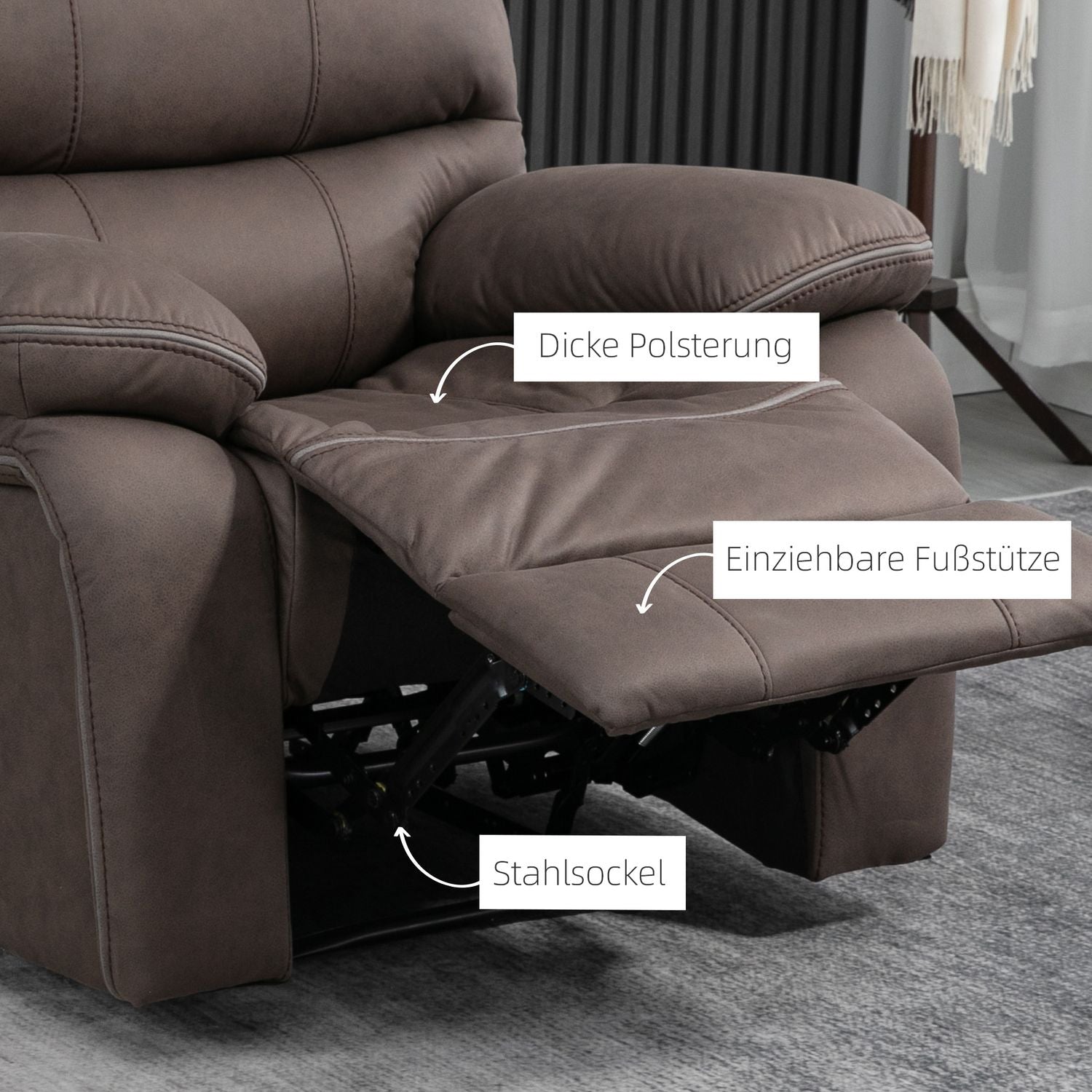 Klädd fåtölj med fotstöd, vilande avkopplingsstol, mikrofiberöverdrag i läderlook, metallstruktur, brun