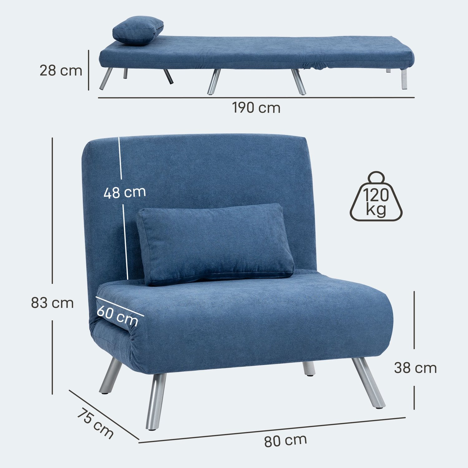 Klädd fåtölj med sängfunktion, 2-i-1 design, sovfåtölj, gästsäng, tygöverdrag, med dyna, blå