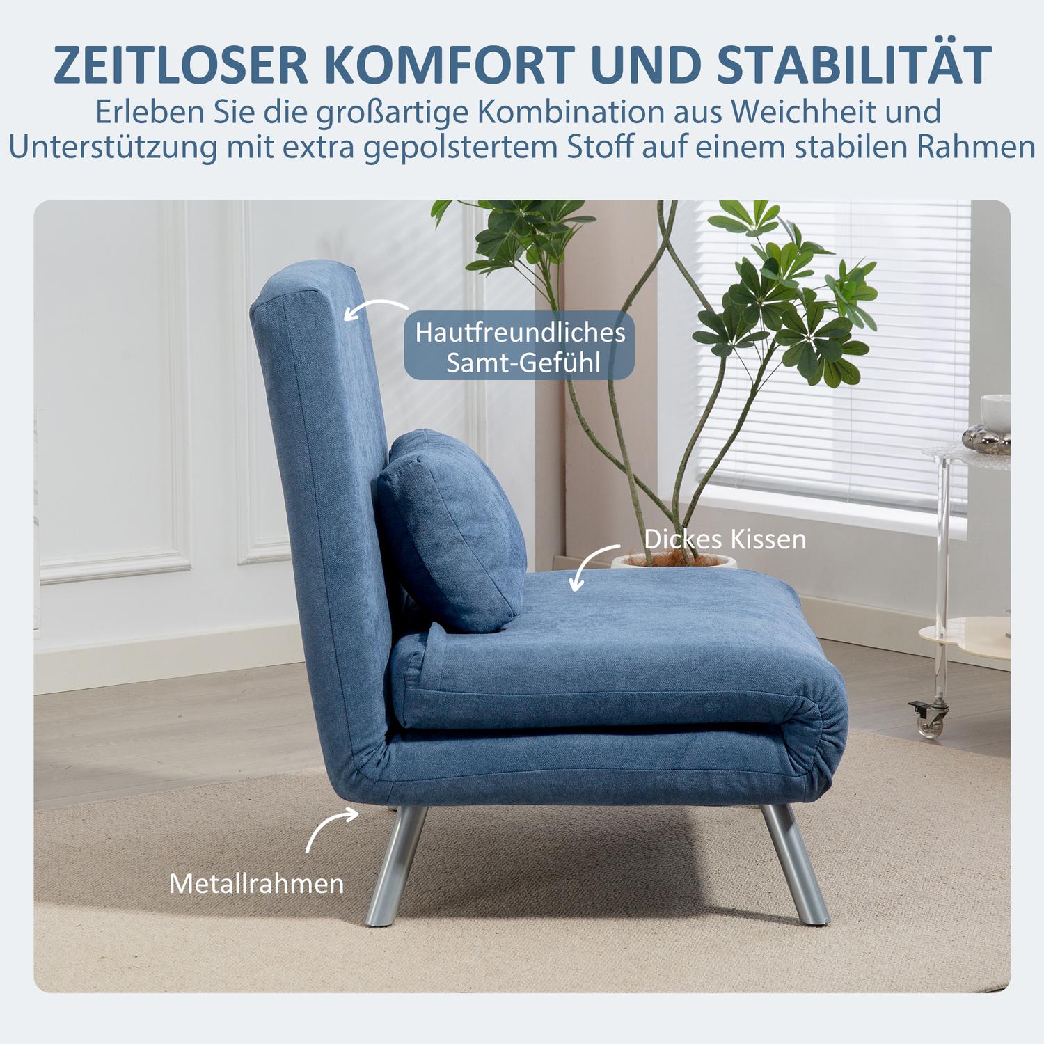 Klädd fåtölj med sängfunktion, 2-i-1 design, sovfåtölj, gästsäng, tygöverdrag, med dyna, blå