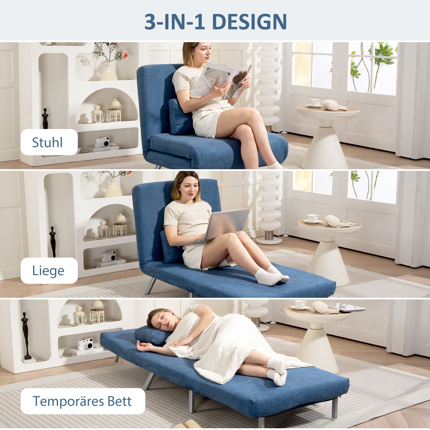 Klädd fåtölj med sängfunktion, 2-i-1 design, sovfåtölj, gästsäng, tygöverdrag, med dyna, blå