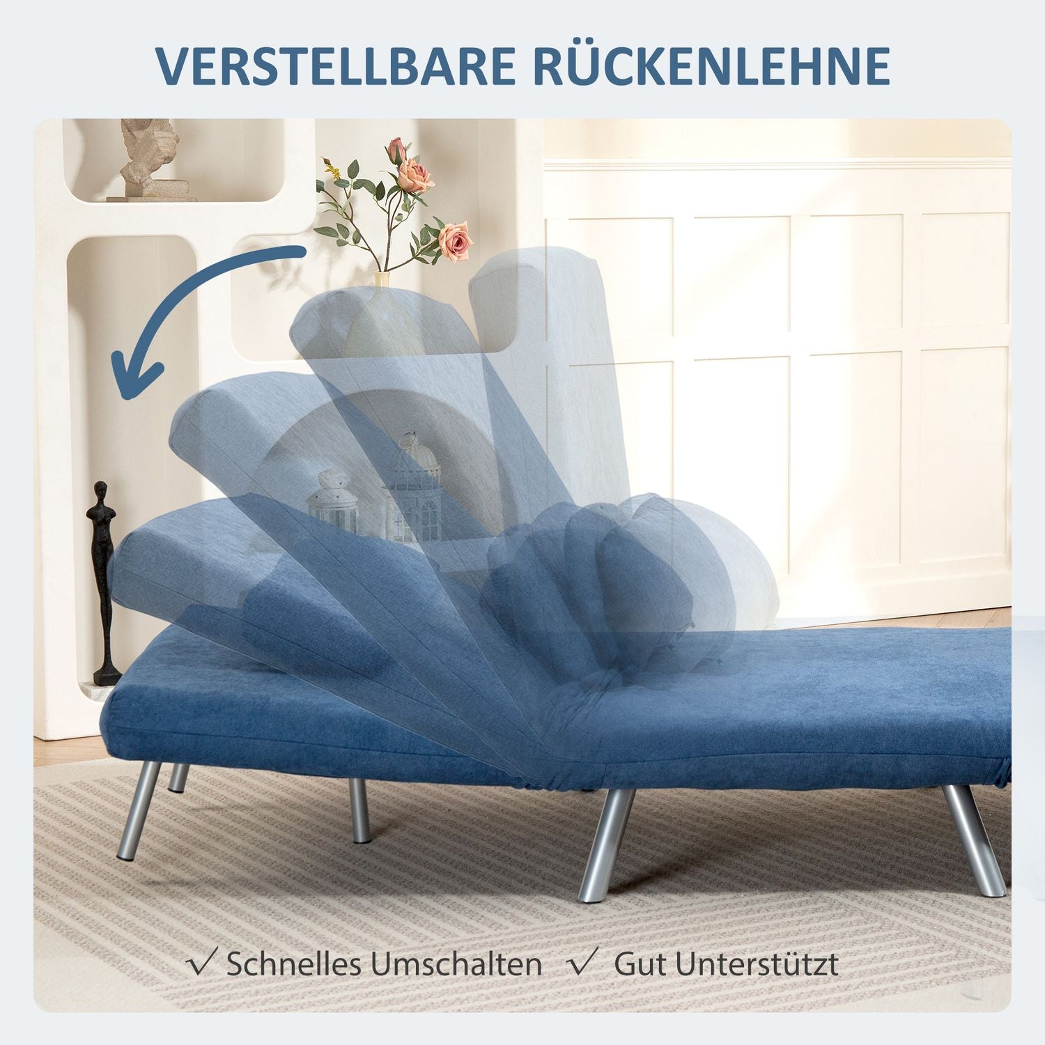 Klädd fåtölj med sängfunktion, 2-i-1 design, sovfåtölj, gästsäng, tygöverdrag, med dyna, blå