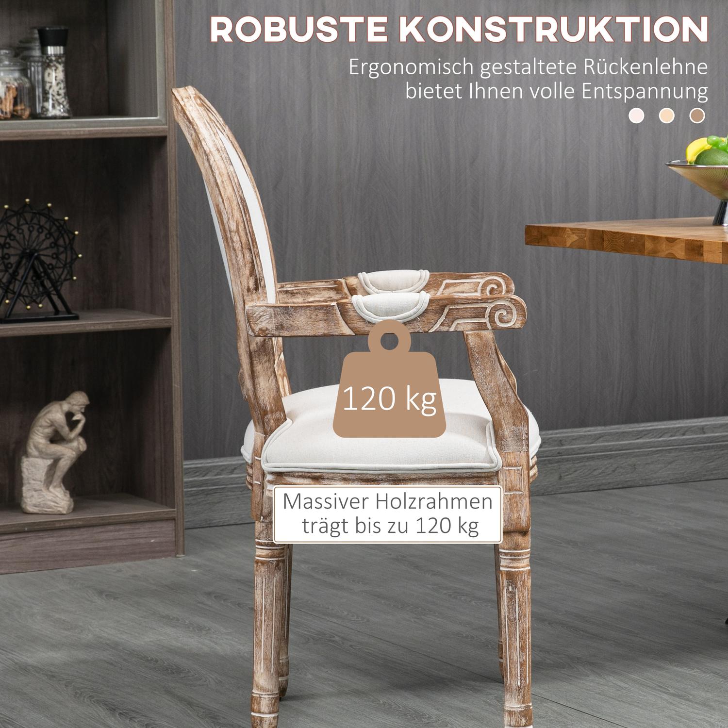 Klädd matstol med armstöd, trästomme, kräm