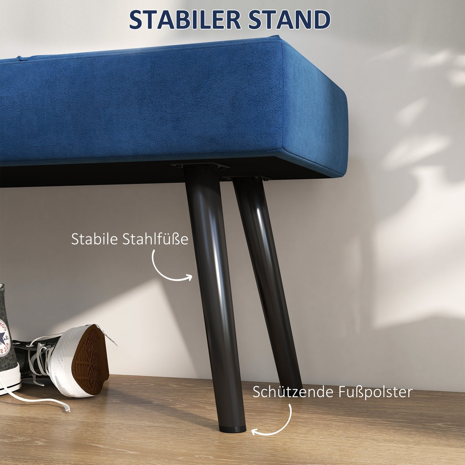 Klädd sovrumsbänk med blå sammetslook, kapacitet 120 kg