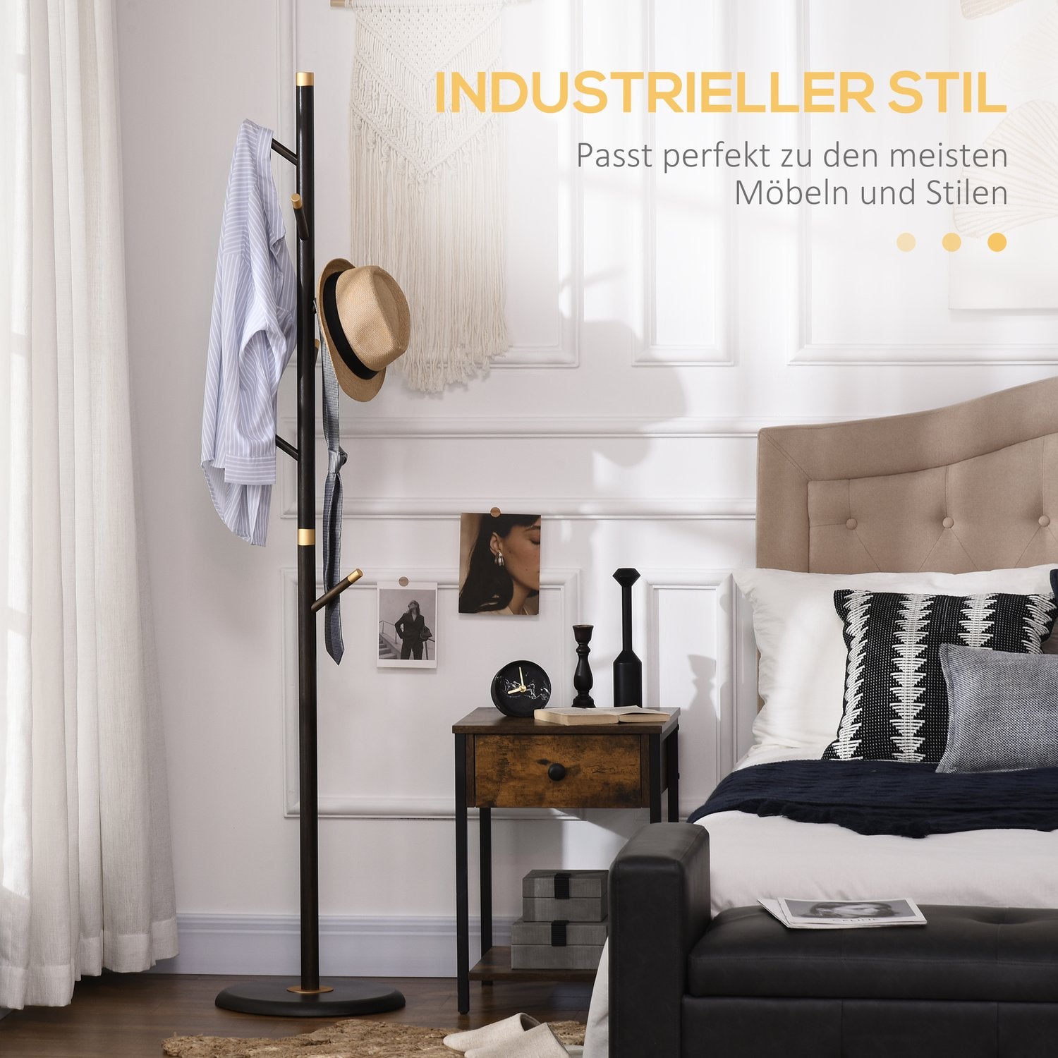 Stående metallklädhängare, 6 krokar, valnötsfinish, 180 cm