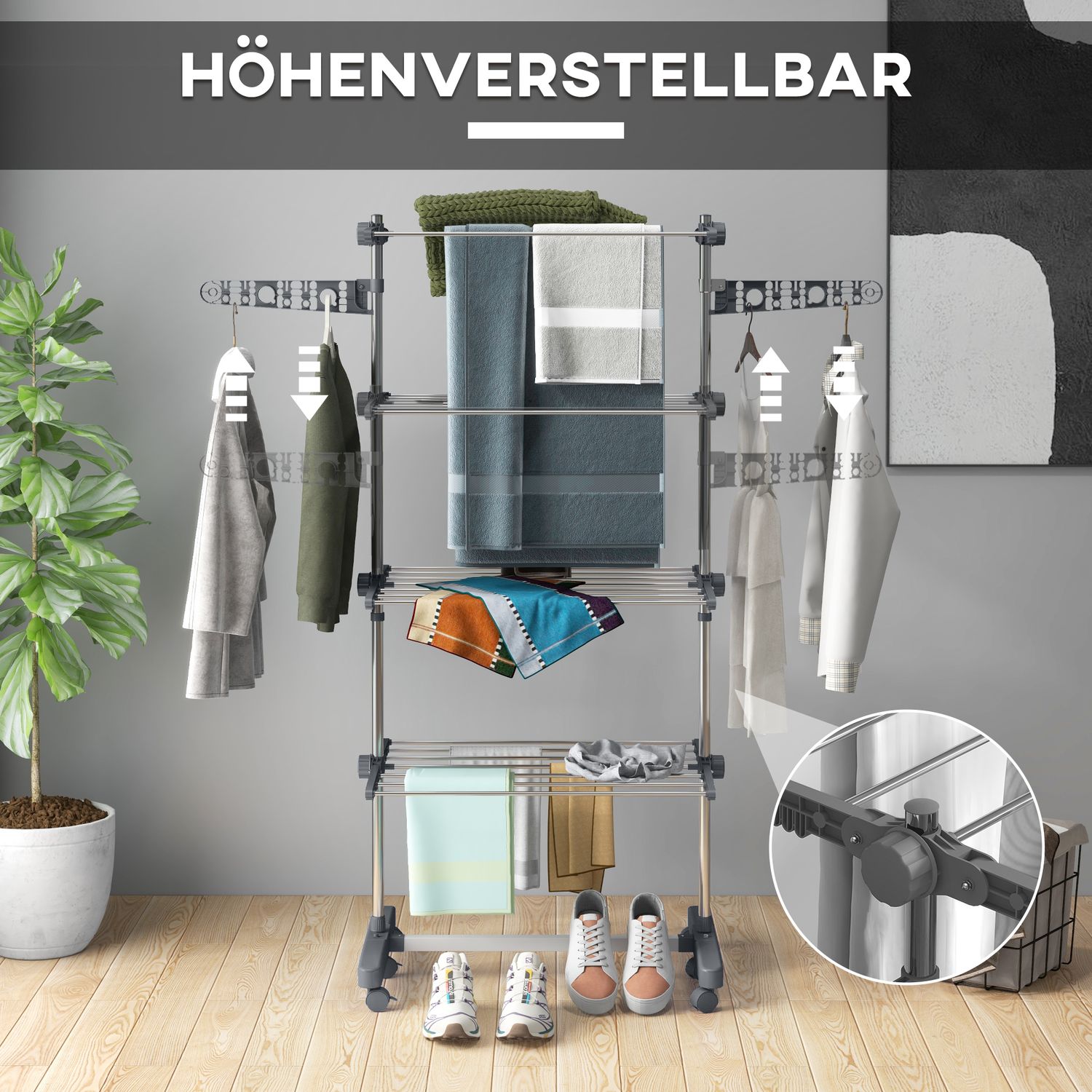 Stål klädluftare, hopfällbar vingtorktorn med hjul