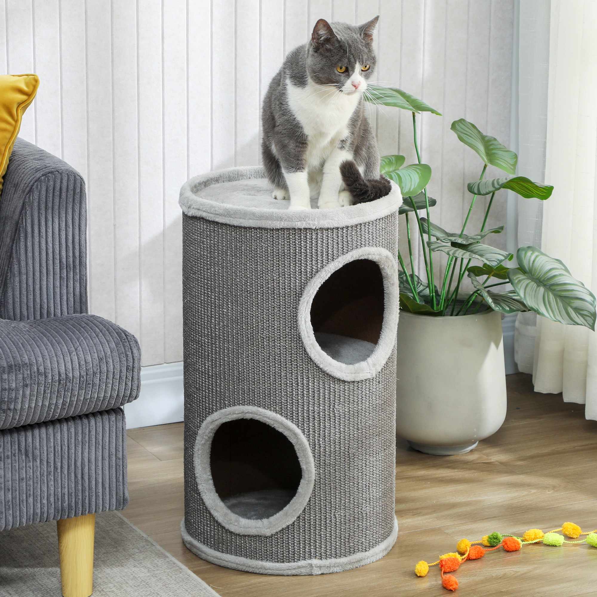 Klöstorn för katt, 2 våningar, sisal och plysch, ljusgrå
