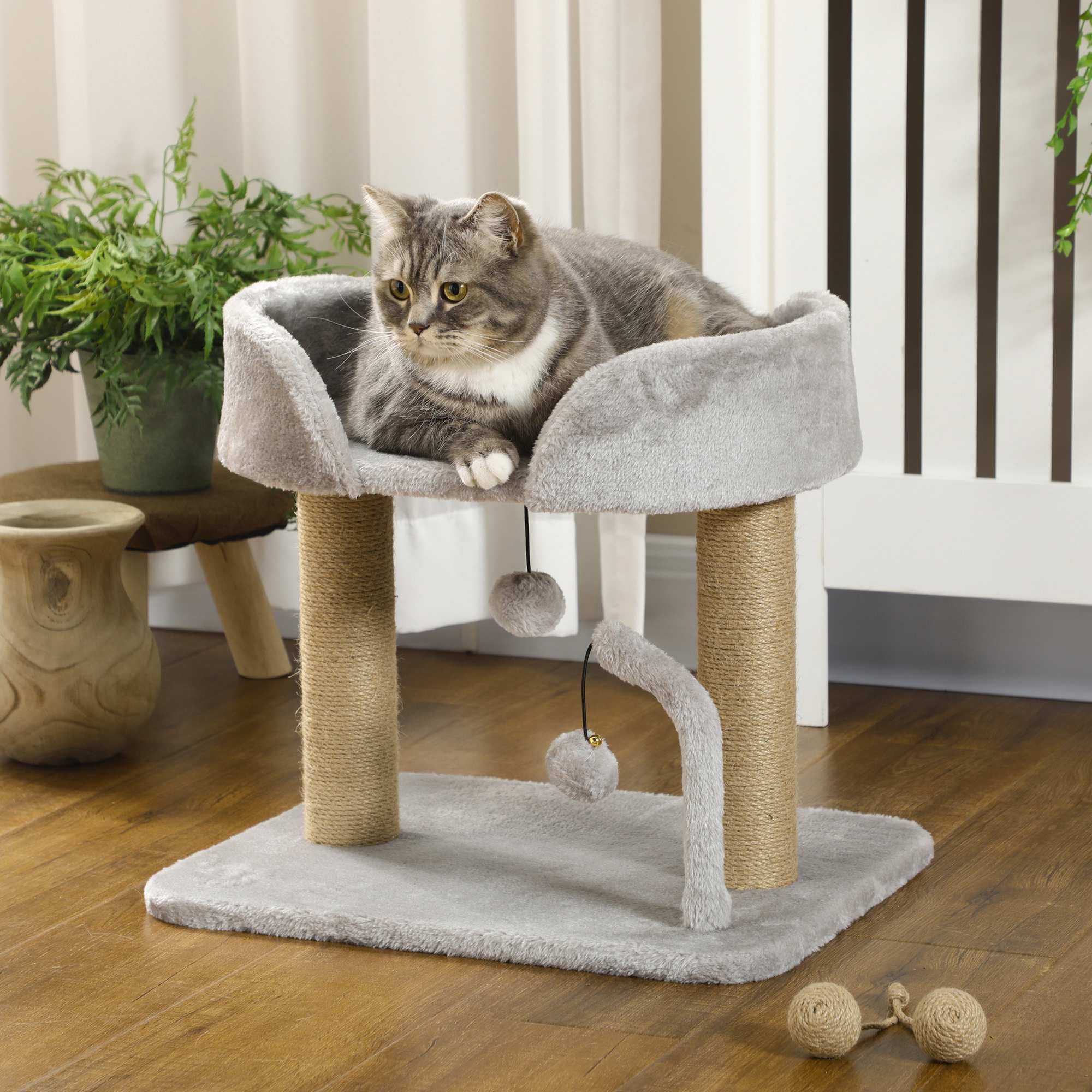 Klösträd 42 cm, klösträd i jute, plattform, grått