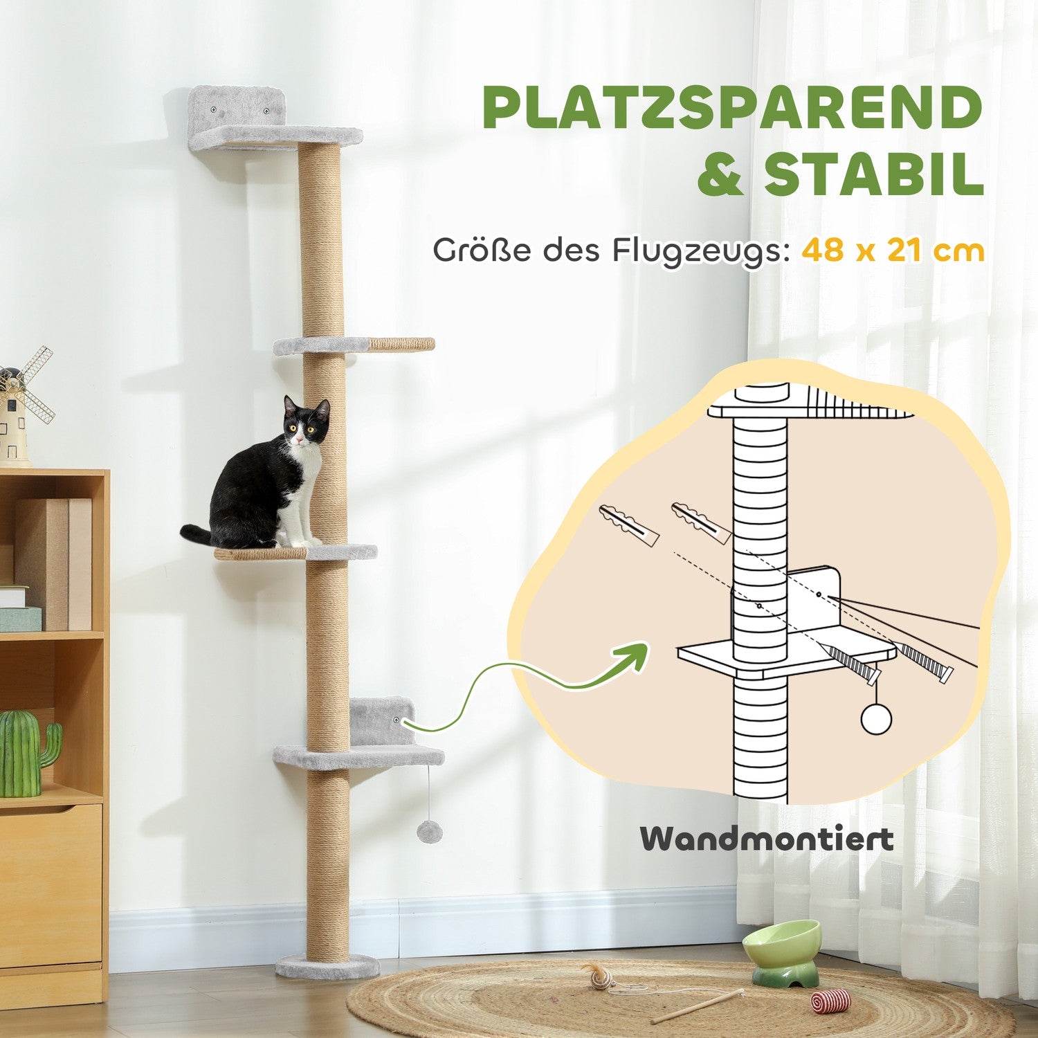 Klösträd, 5 nivåer, sisalstolpar, plyschtyg, ljusgrå